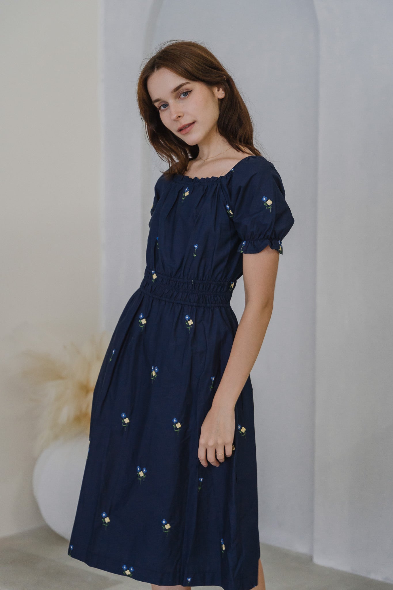 Blossom Bliss Embroidery Midi Dress in Navy