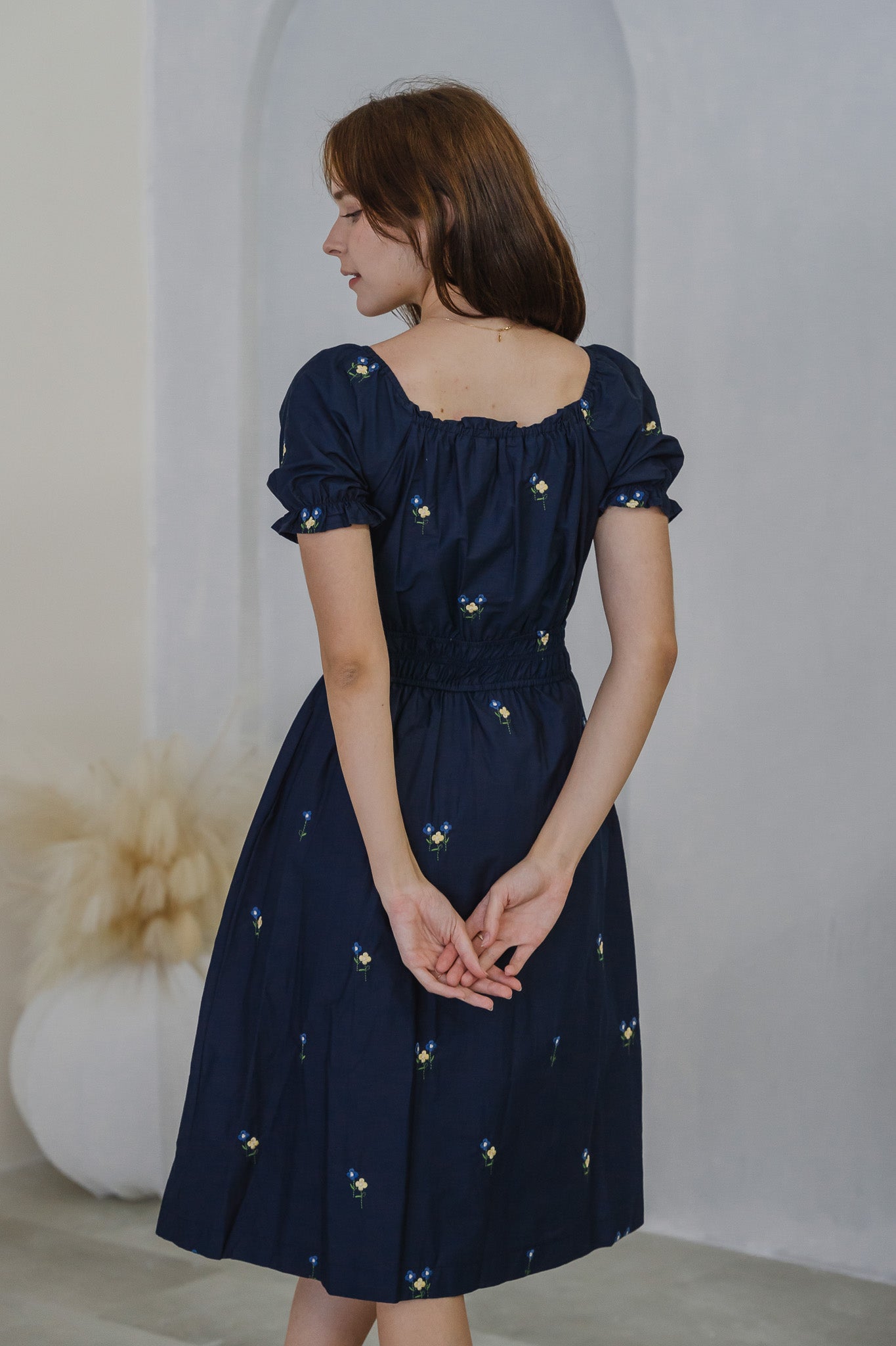 Blossom Bliss Embroidery Midi Dress in Navy