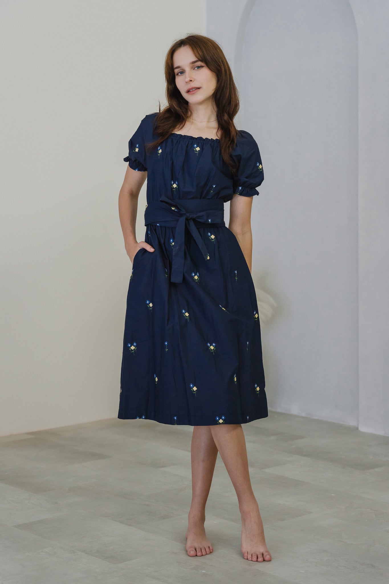 Blossom Bliss Embroidery Midi Dress in Navy
