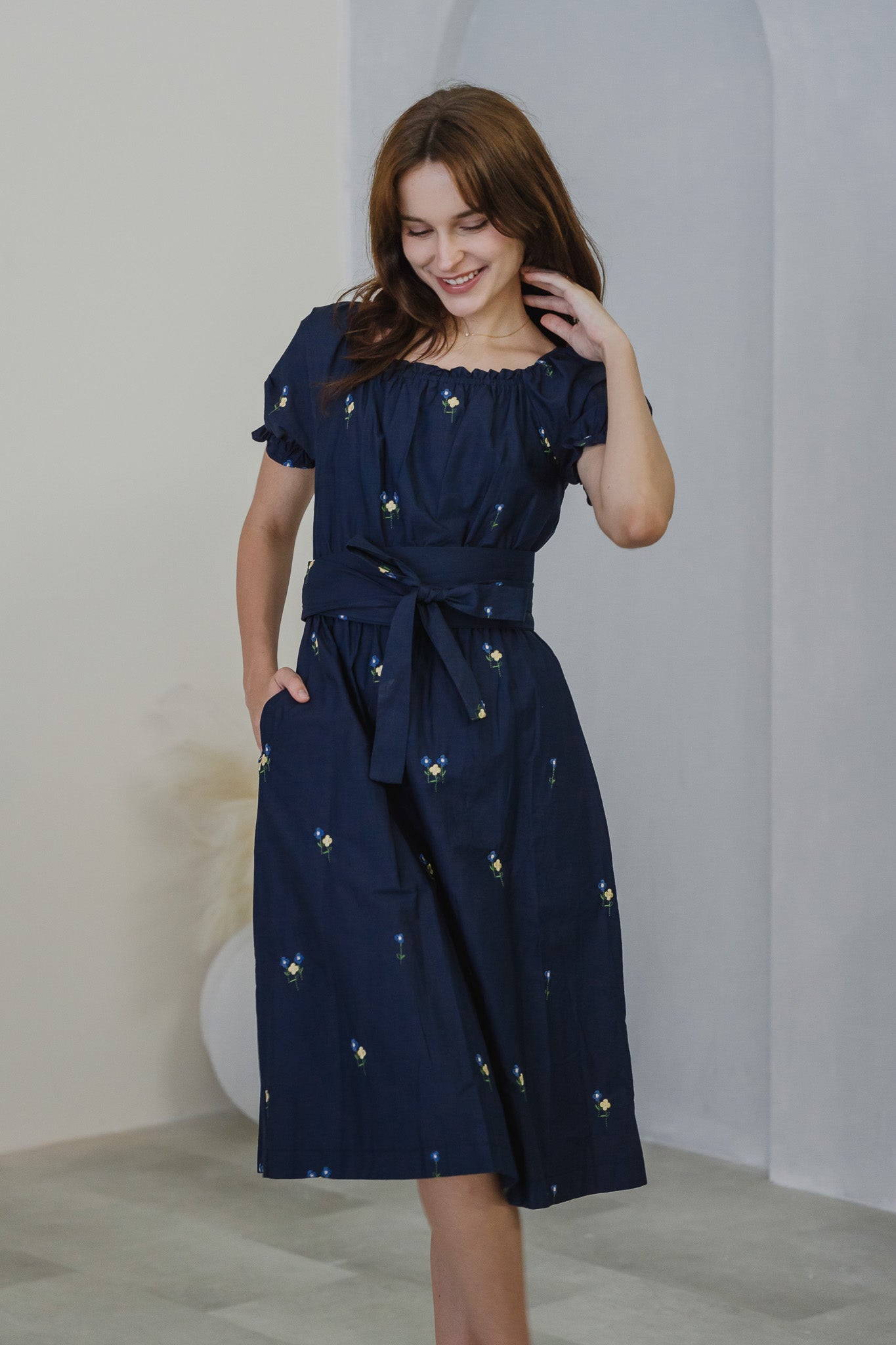 Blossom Bliss Embroidery Midi Dress in Navy