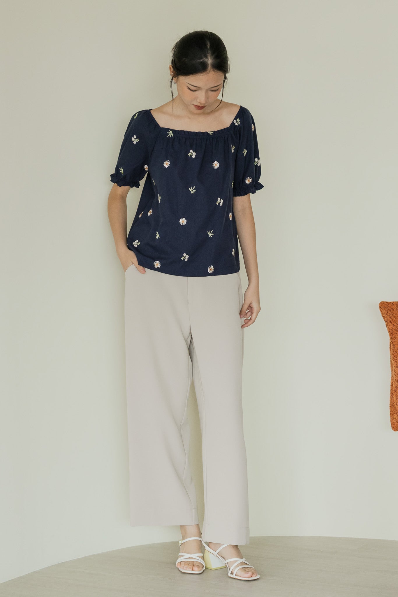 Carly Floral Embroidery Blouse in Navy