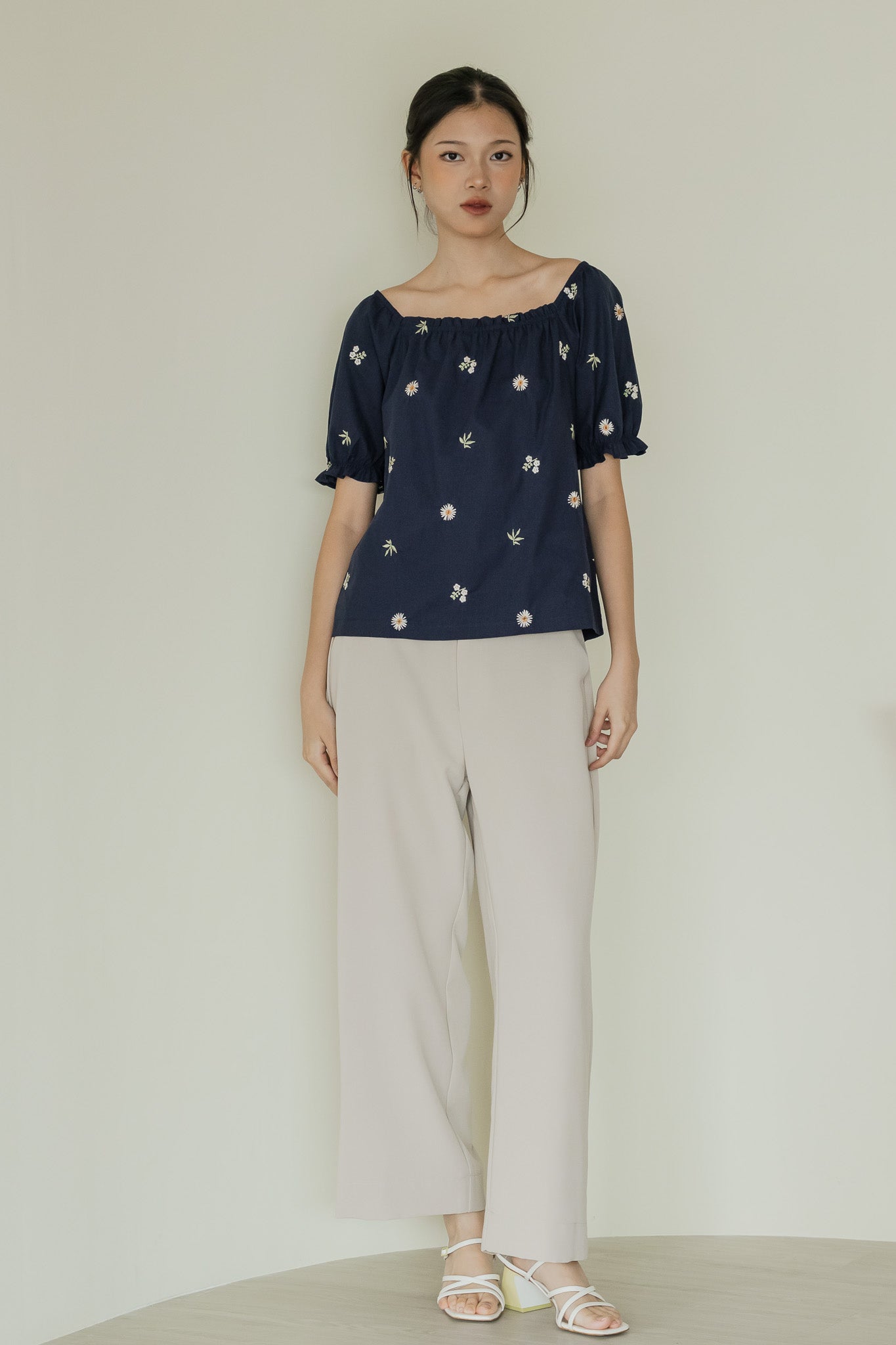 Carly Floral Embroidery Blouse in Navy