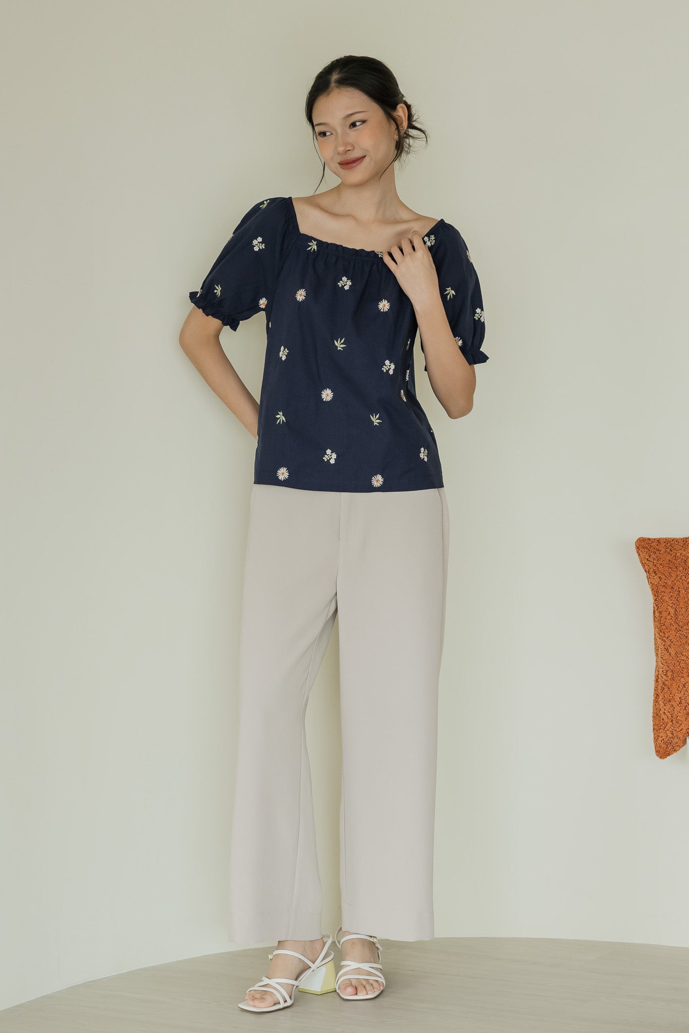 Carly Floral Embroidery Blouse in Navy