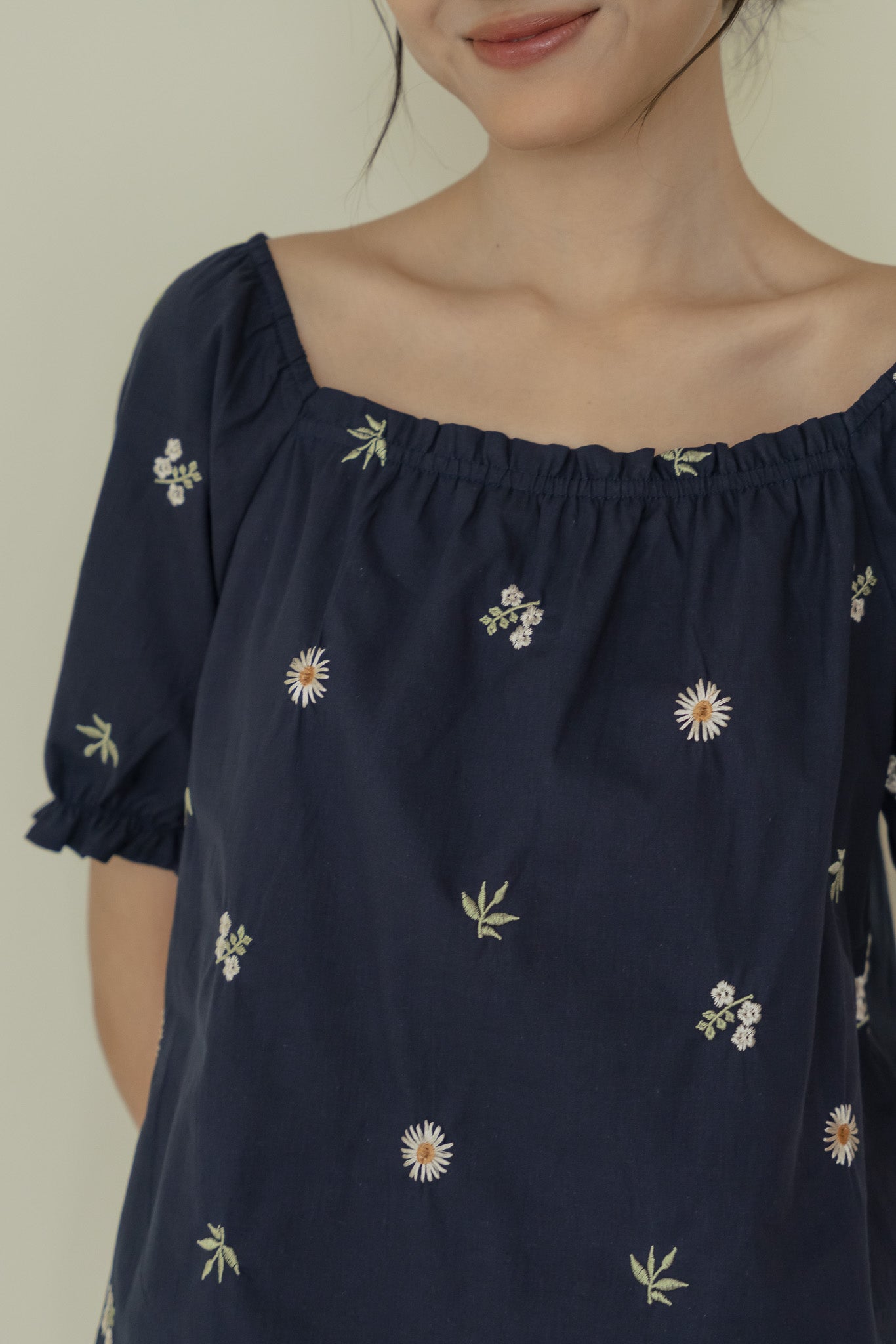 Carly Floral Embroidery Blouse in Navy