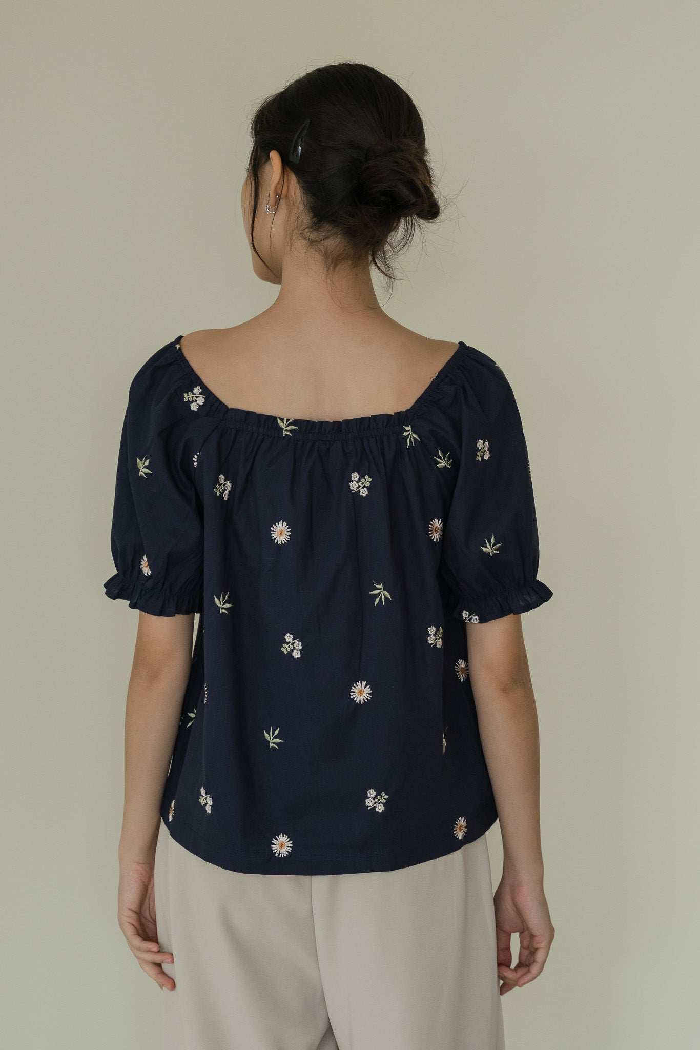 Carly Floral Embroidery Blouse in Navy