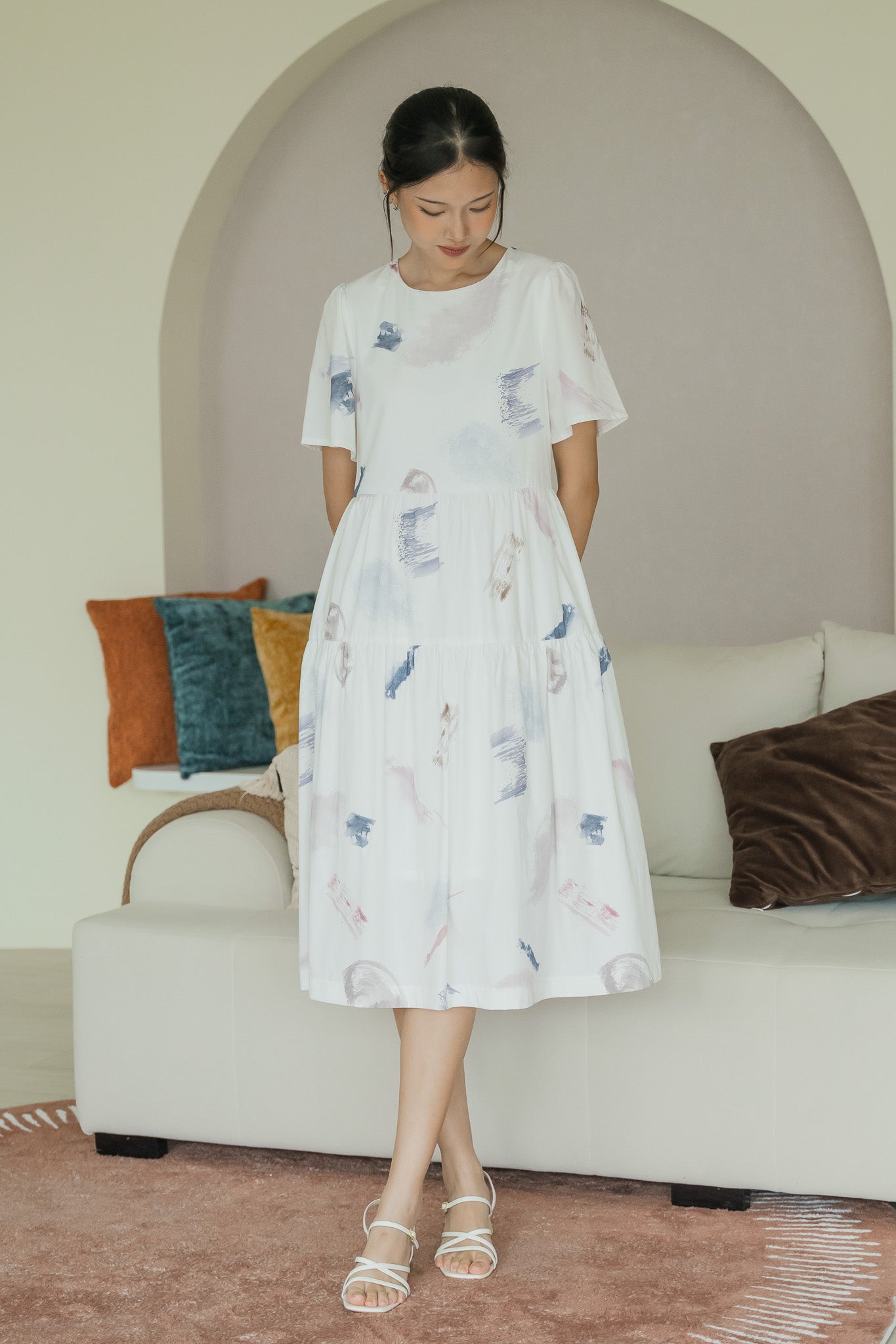Reverie Sleeved Midi Dress in Petal Dust
