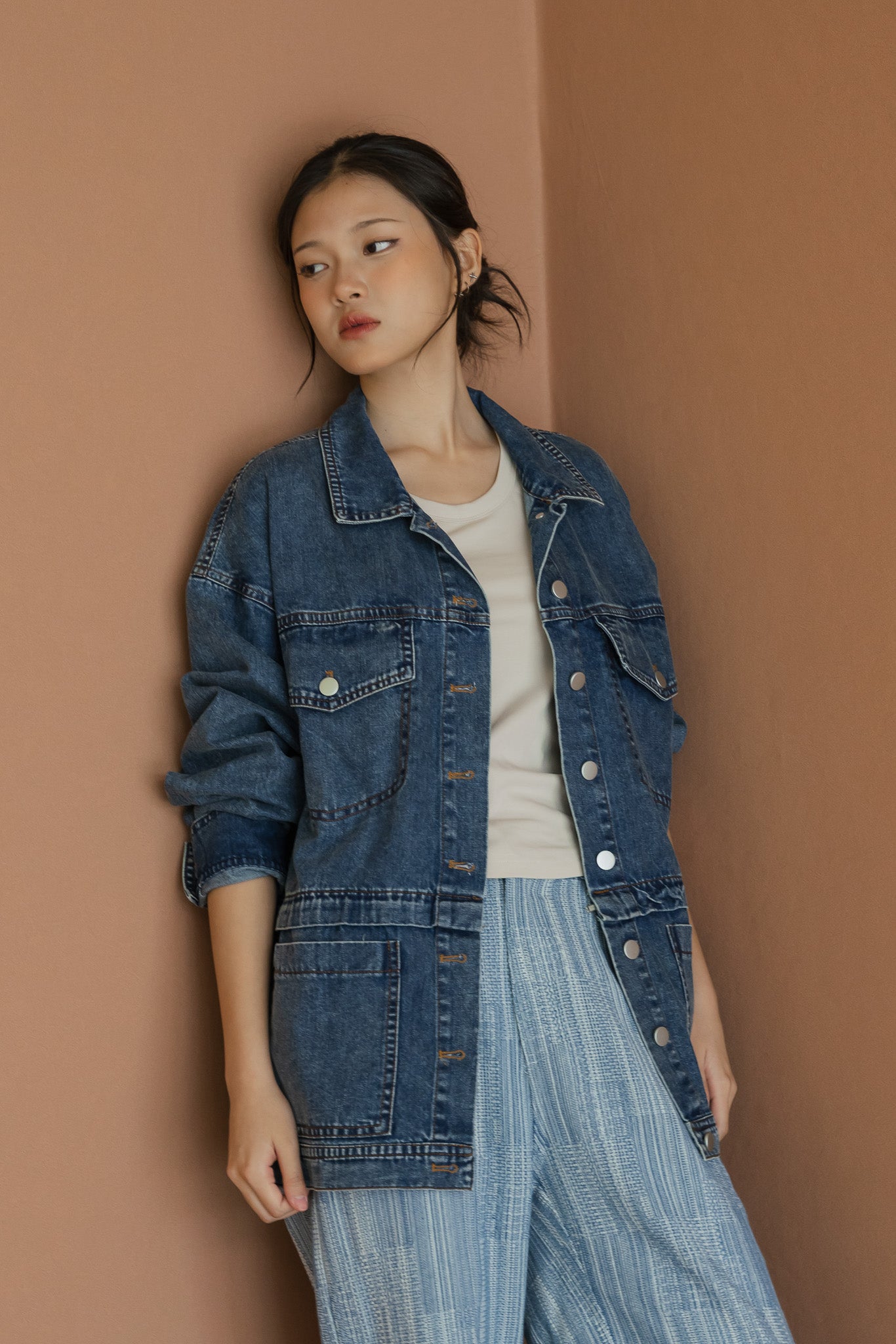 Two-way Oversized Denim Jacket in Mid Wash