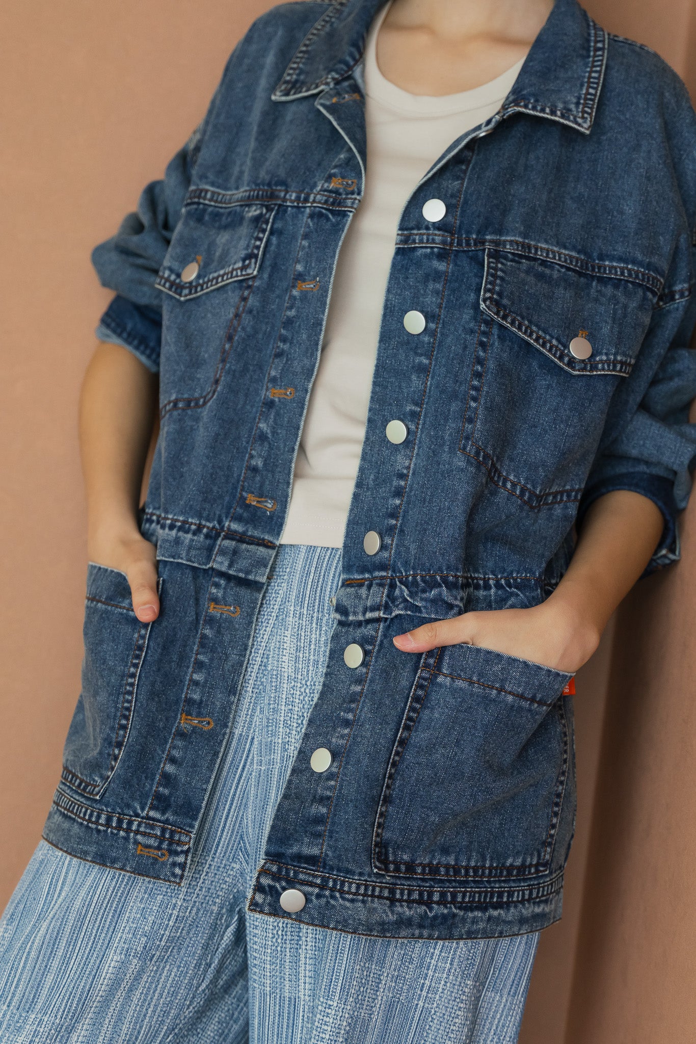 Two-way Oversized Denim Jacket in Mid Wash
