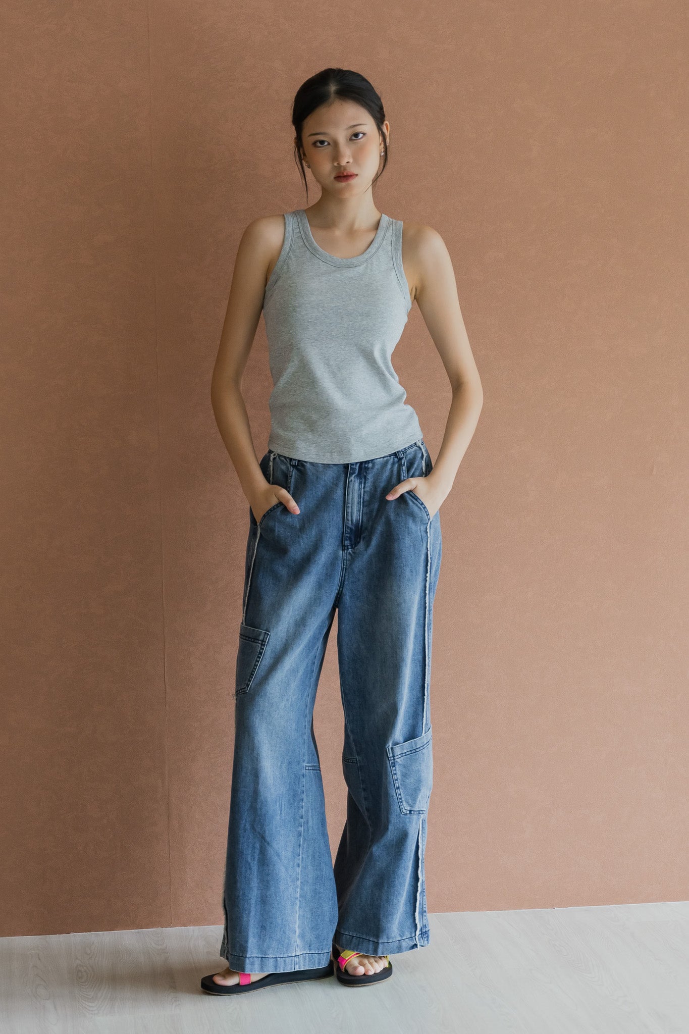 Raw Edge Panel Jeans in Mid Wash