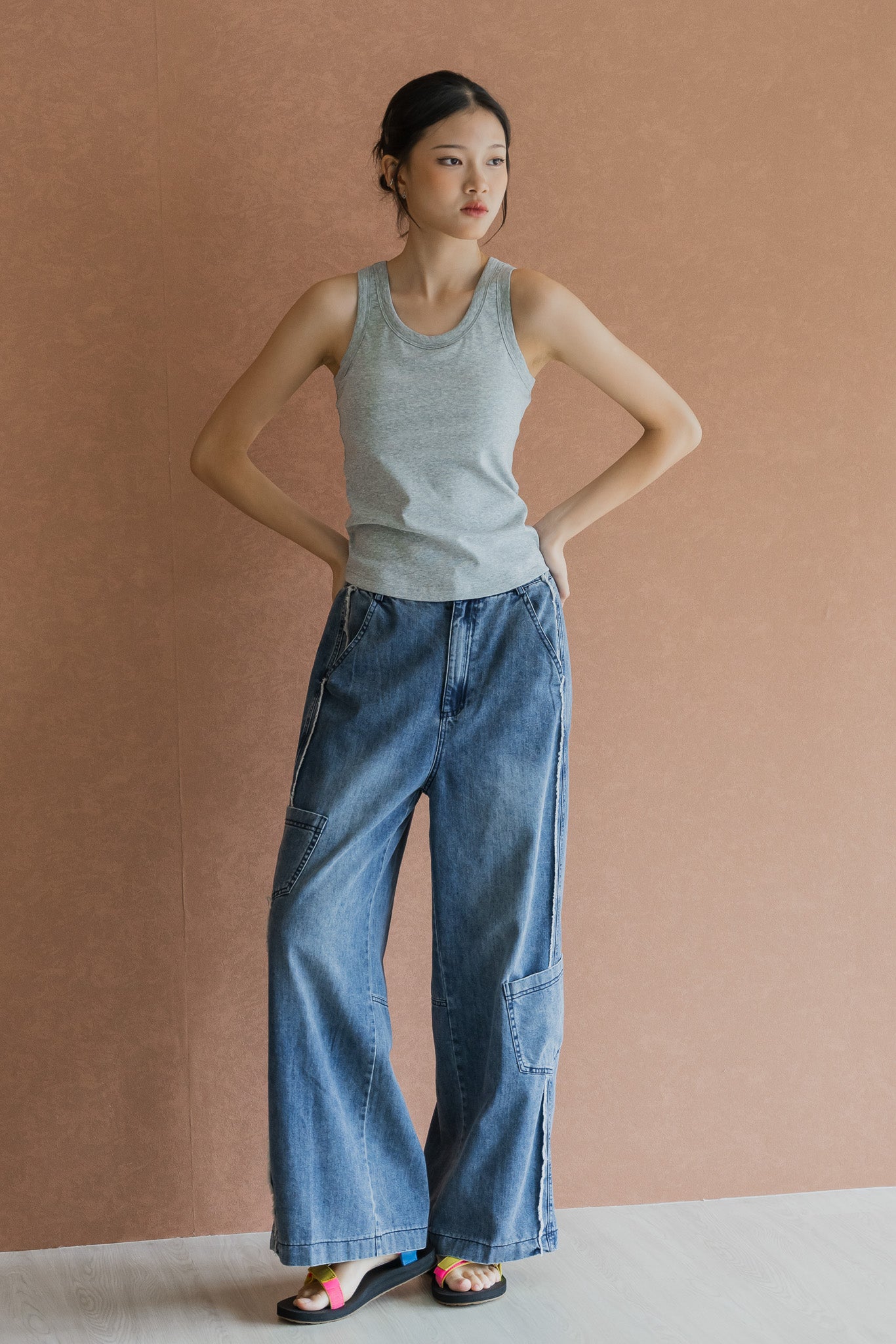 Raw Edge Panel Jeans in Mid Wash