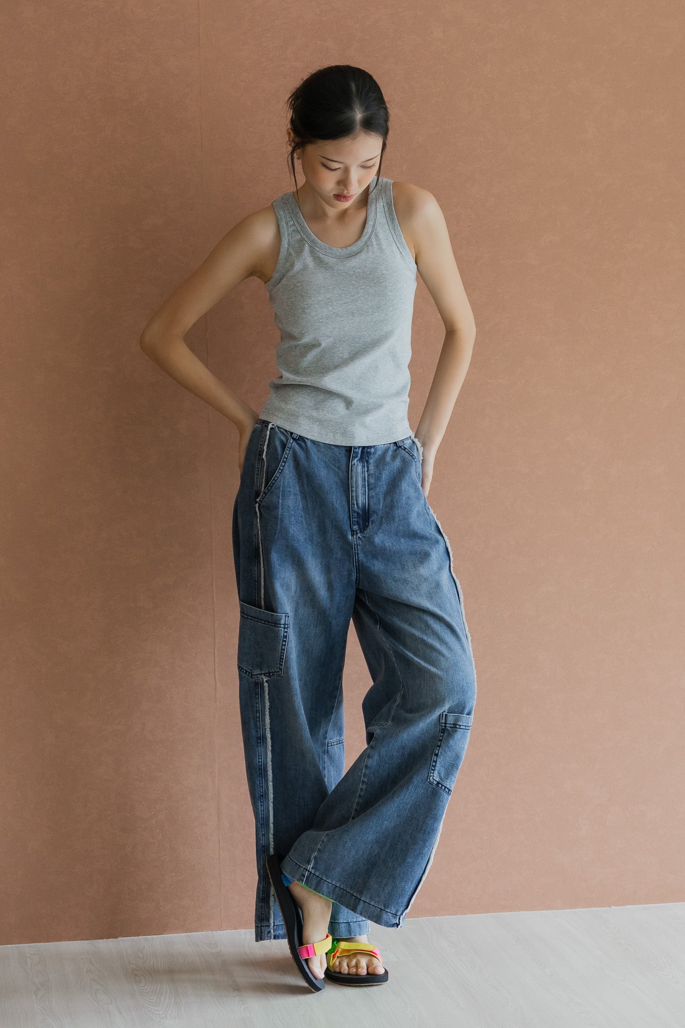 Raw Edge Panel Jeans in Mid Wash