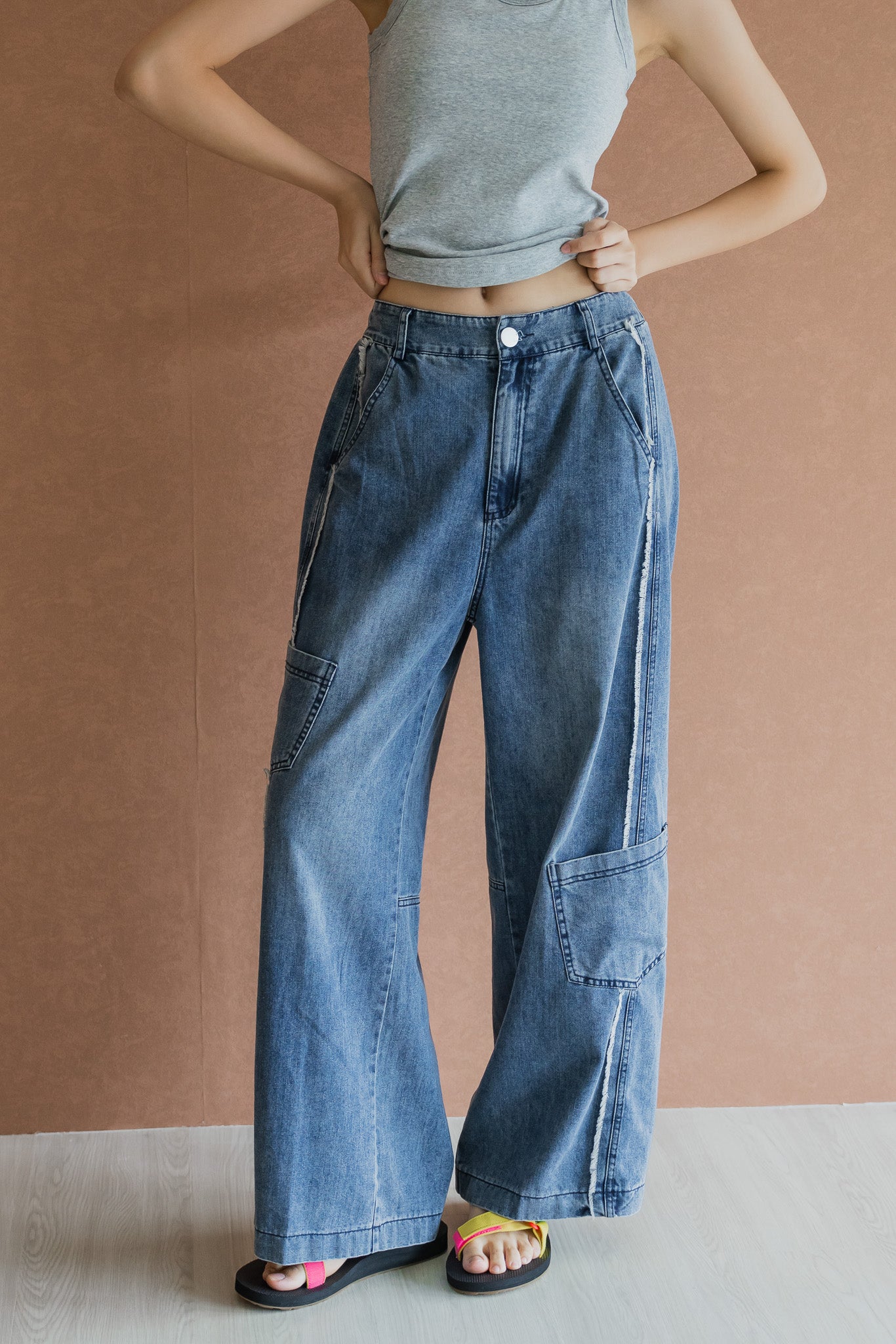 Raw Edge Panel Jeans in Mid Wash