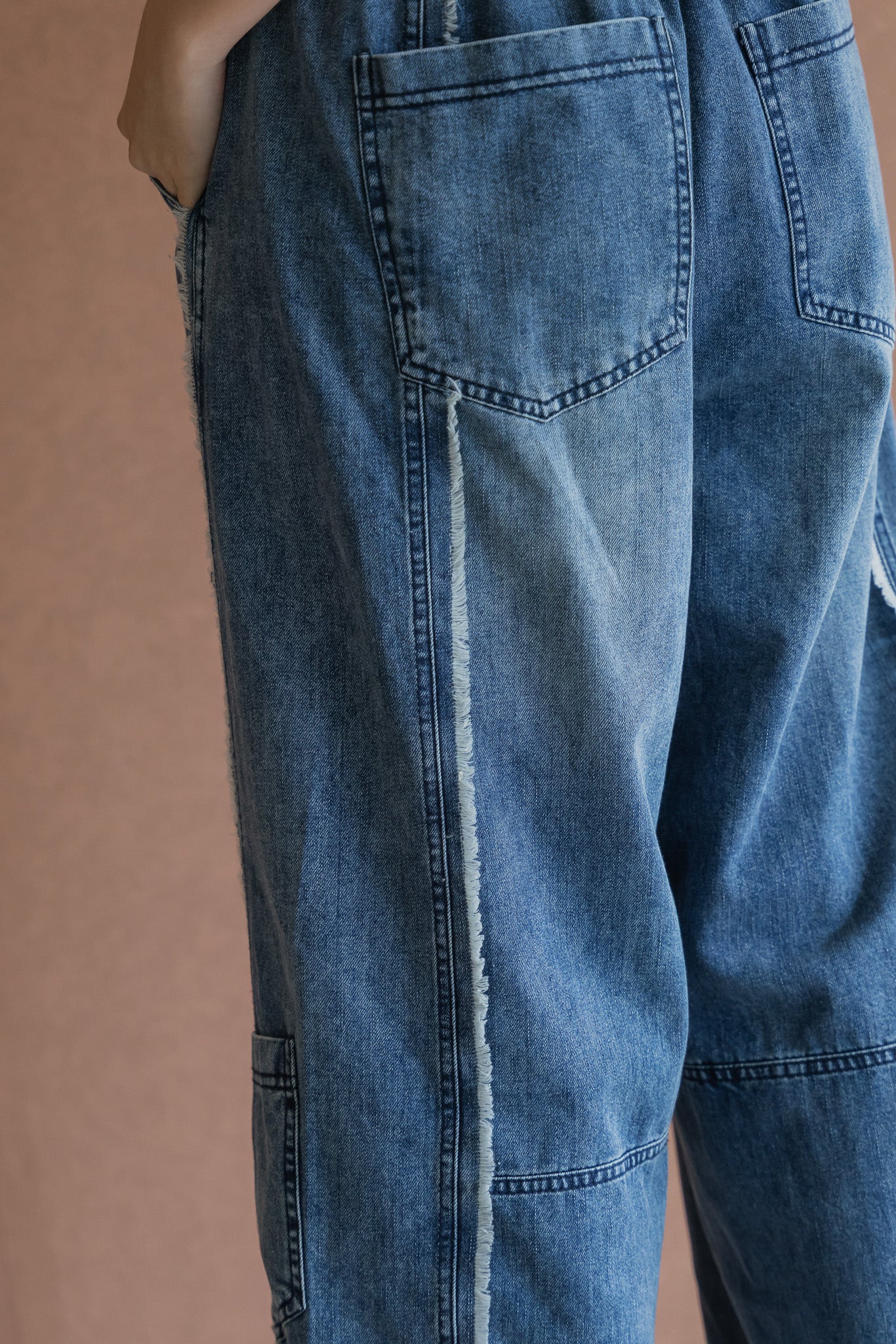 Raw Edge Panel Jeans in Mid Wash