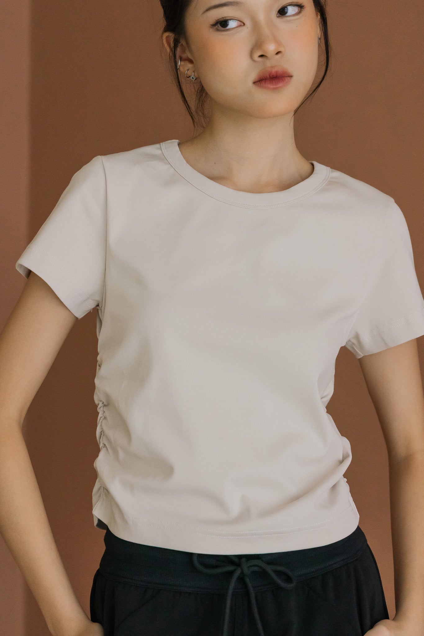 Comfy Side Ruched Tee in Beige