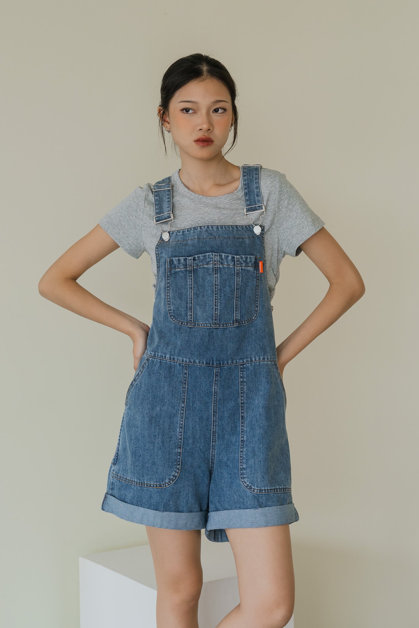 STRANGER Denim Short Bib in Mid Wash