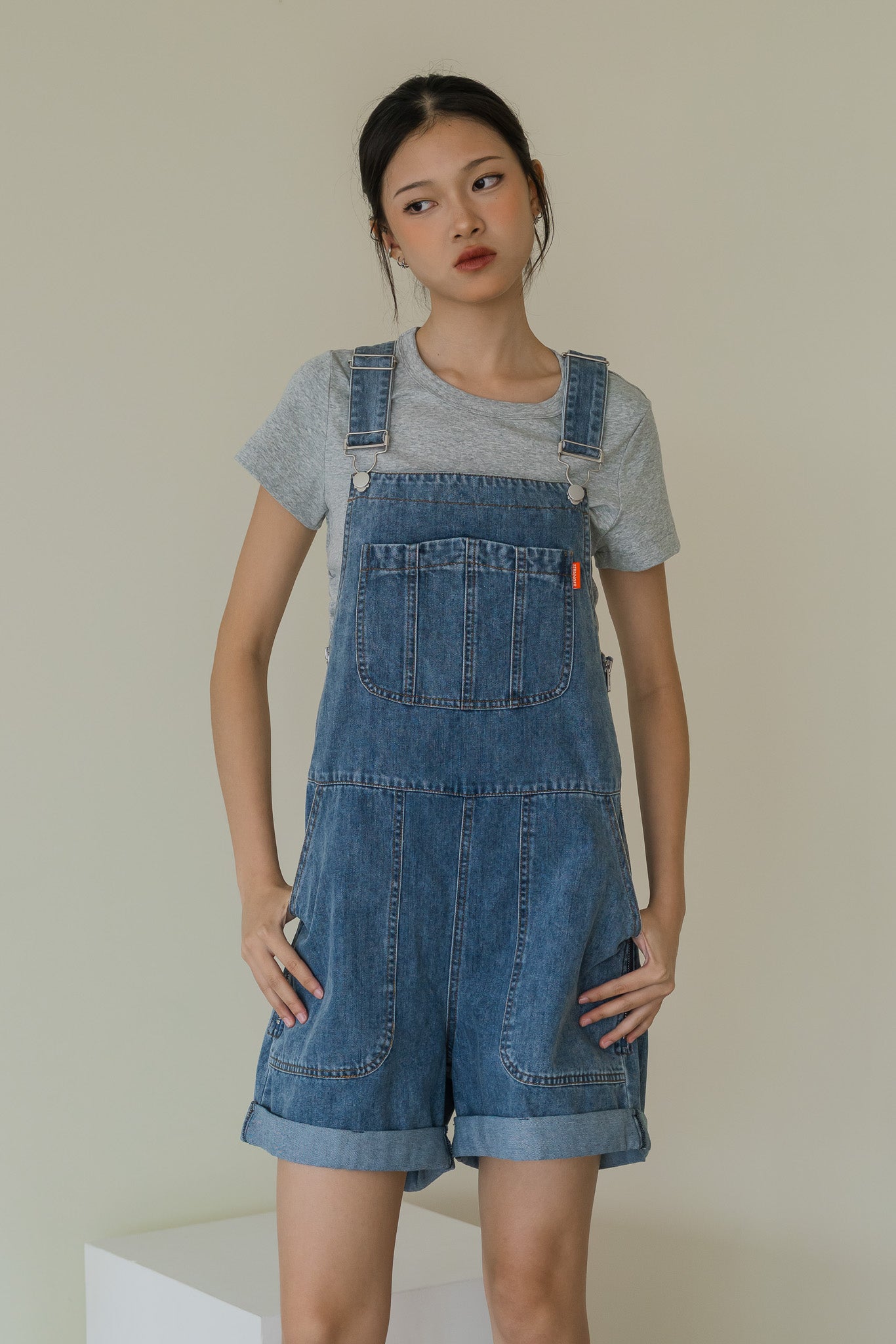 STRANGER Denim Short Bib in Mid Wash