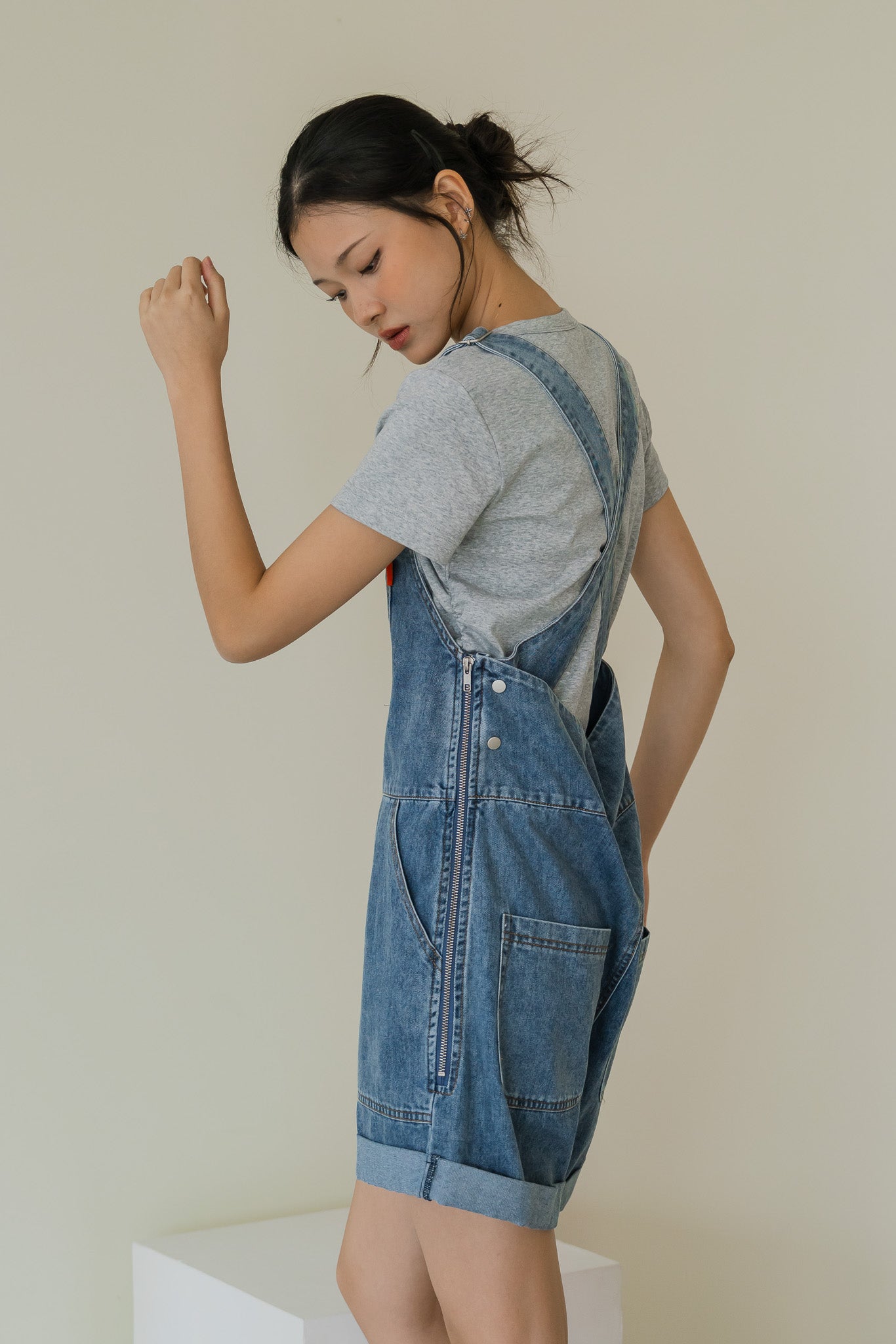 STRANGER Denim Short Bib in Mid Wash