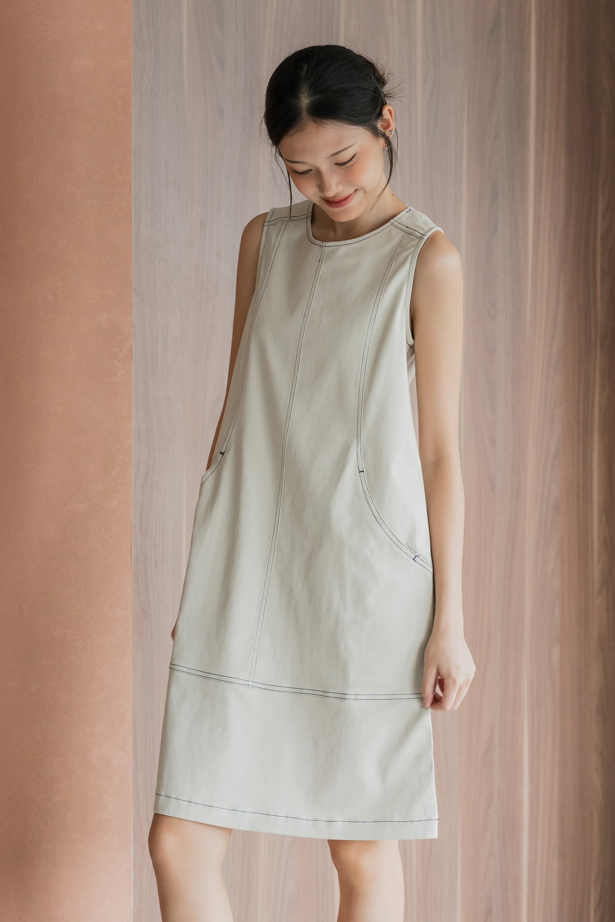 Kori Contrast Stitch Shift Dress in Beige – First Stitch