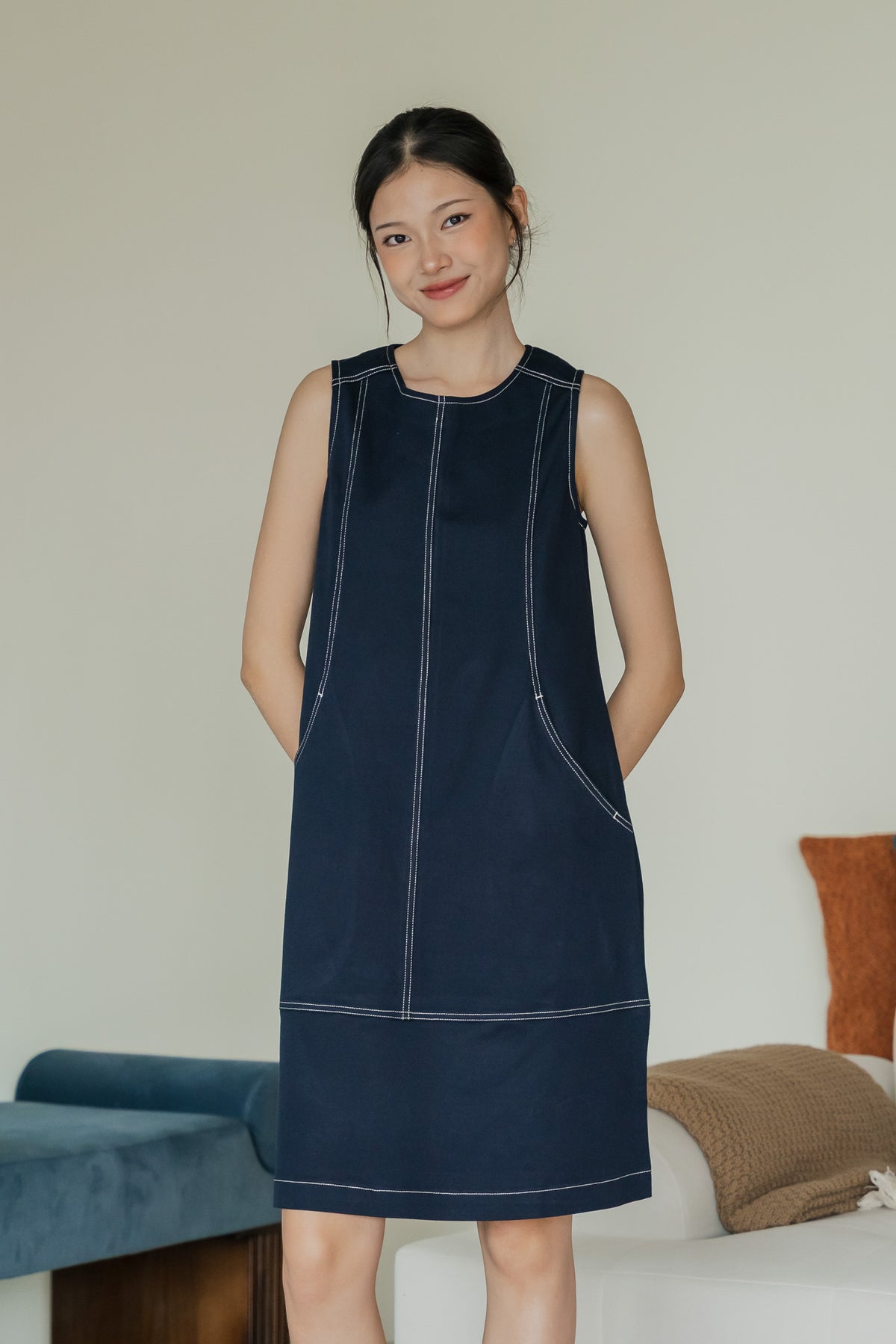 Kori Contrast Stitch Shift Dress in Navy – First Stitch