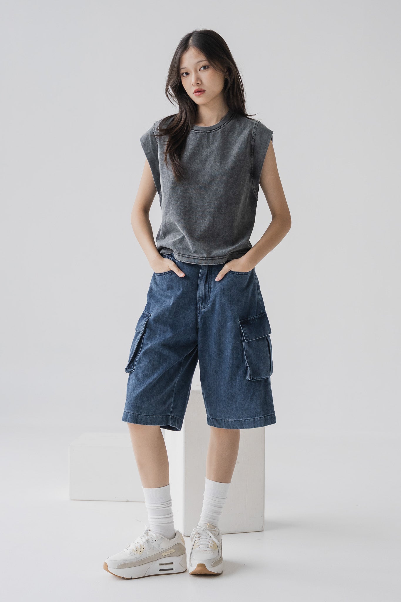 Cargo Denim Jorts in Dark Wash