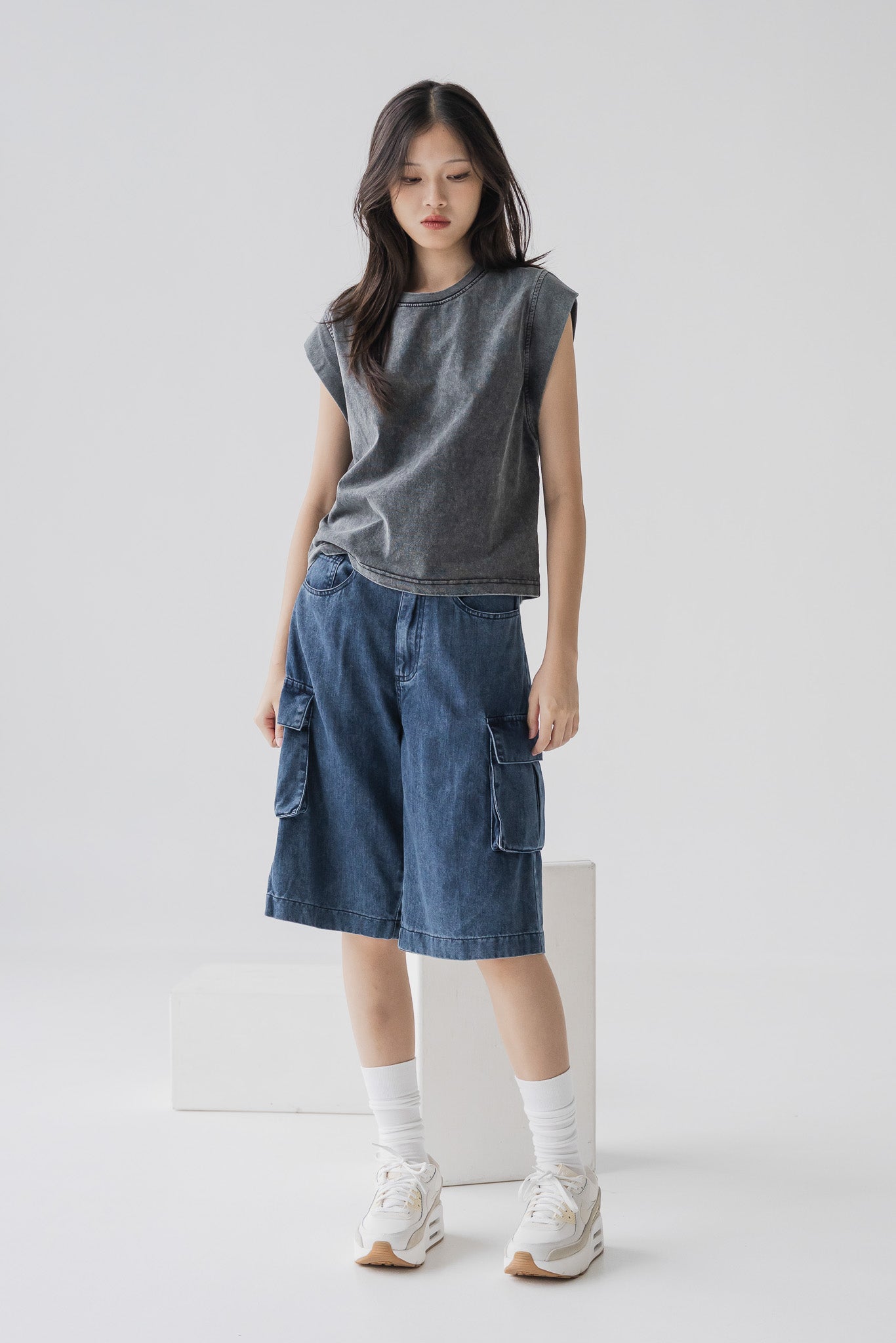 Cargo Denim Jorts in Dark Wash