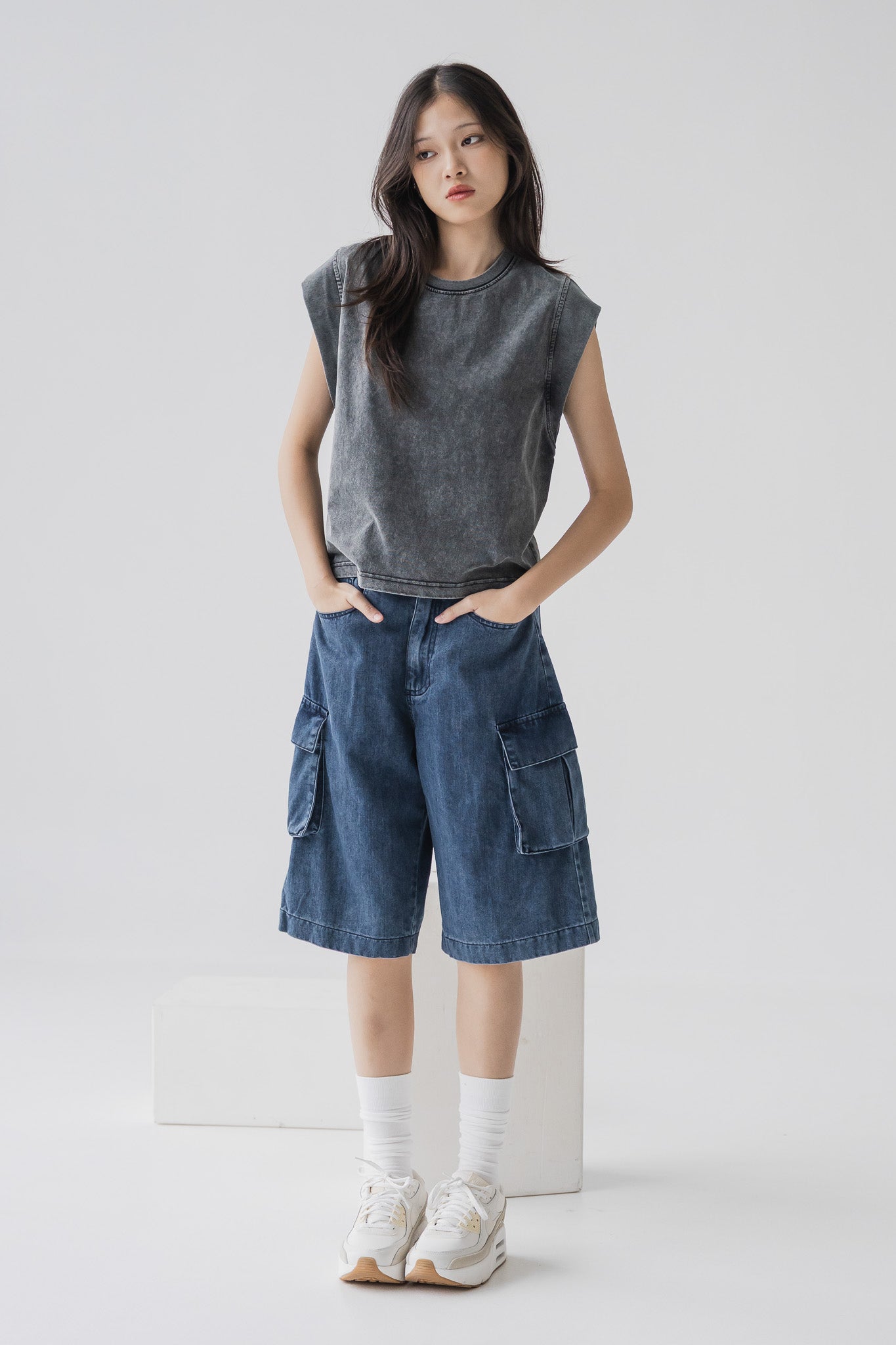 Cargo Denim Jorts in Dark Wash
