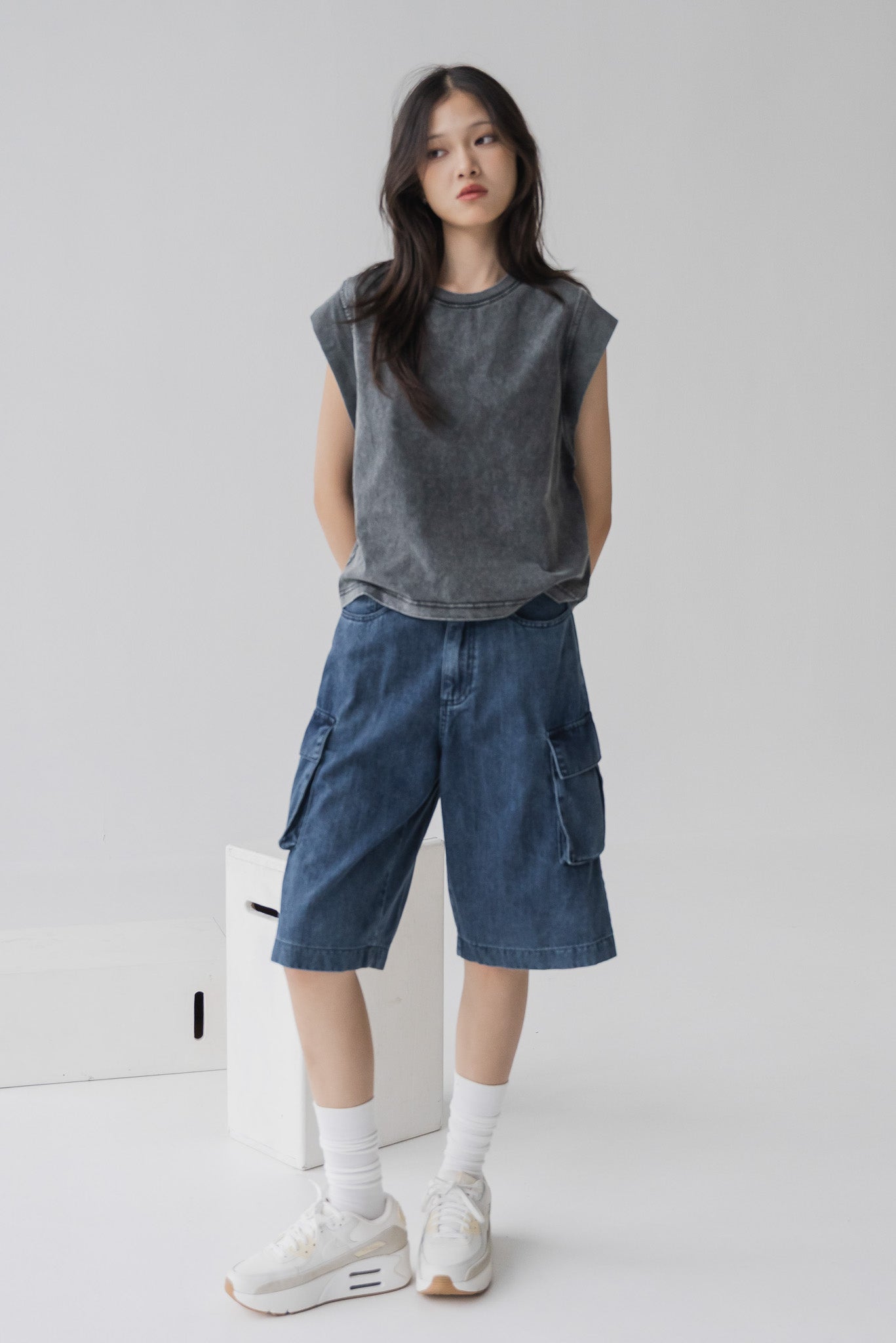 Cargo Denim Jorts in Dark Wash