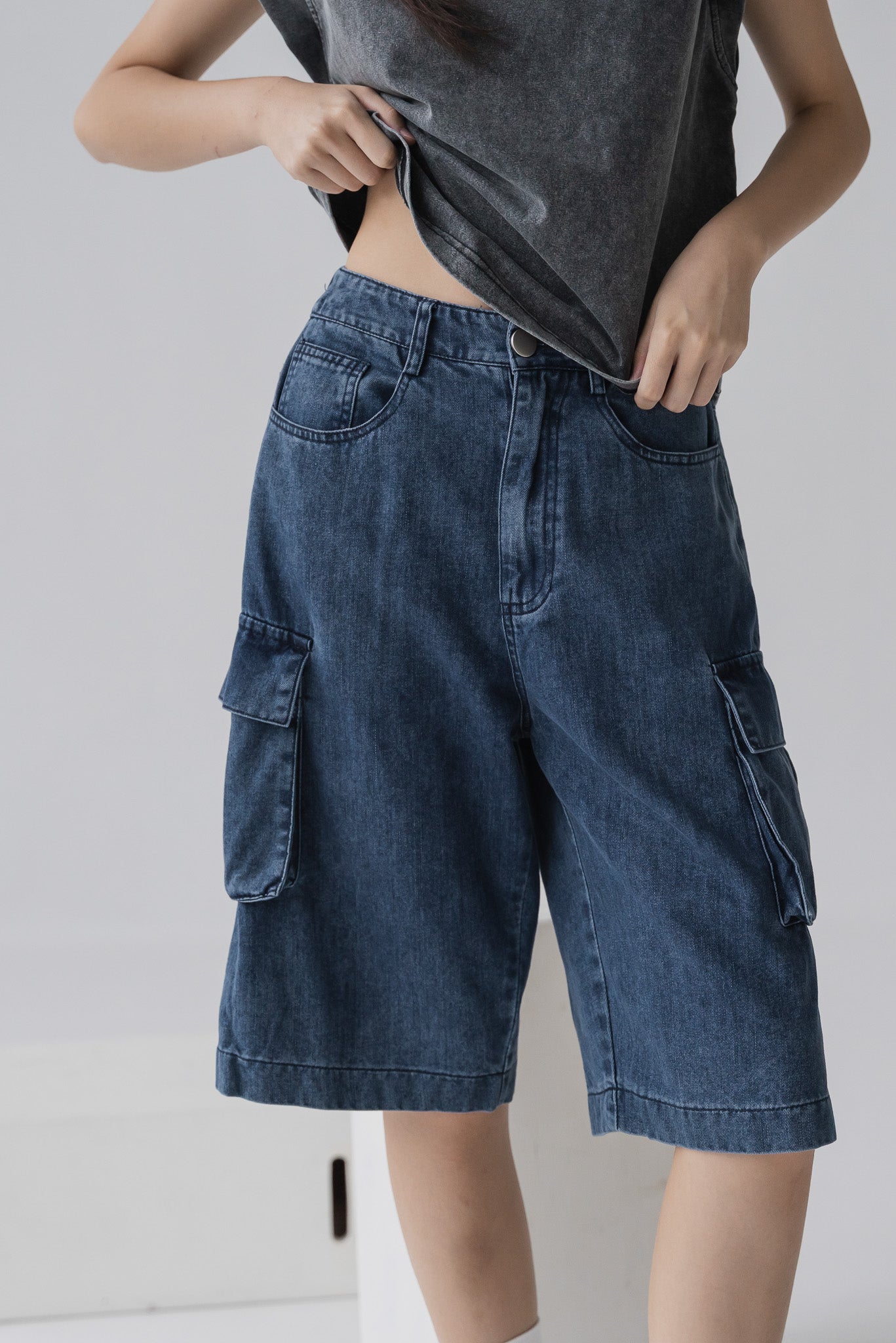 Cargo Denim Jorts in Dark Wash
