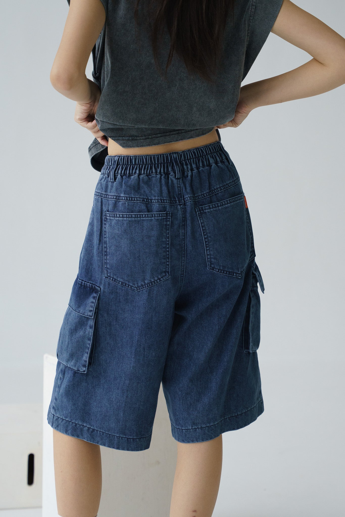 Cargo Denim Jorts in Dark Wash