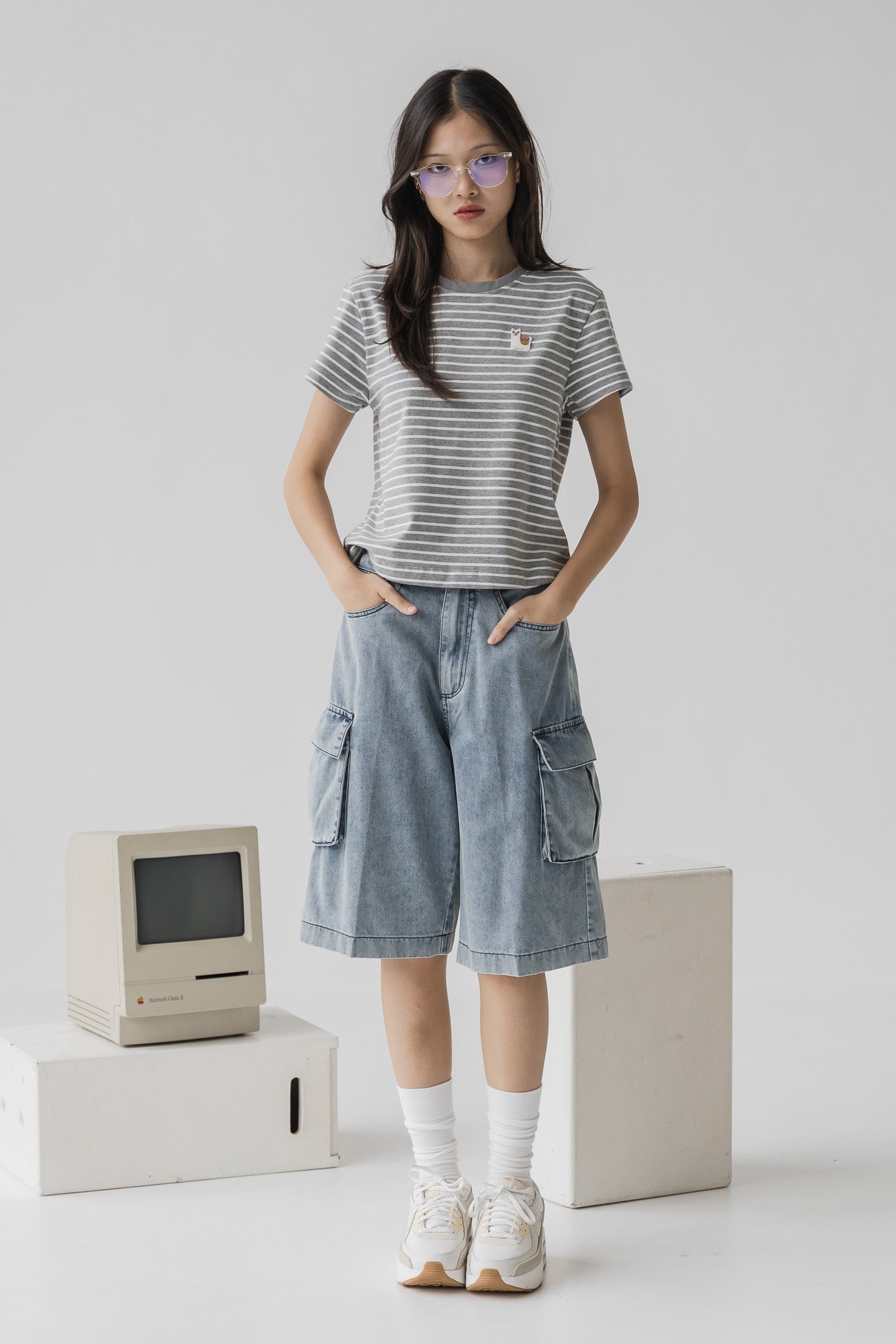 Cargo Denim Jorts in Light Wash