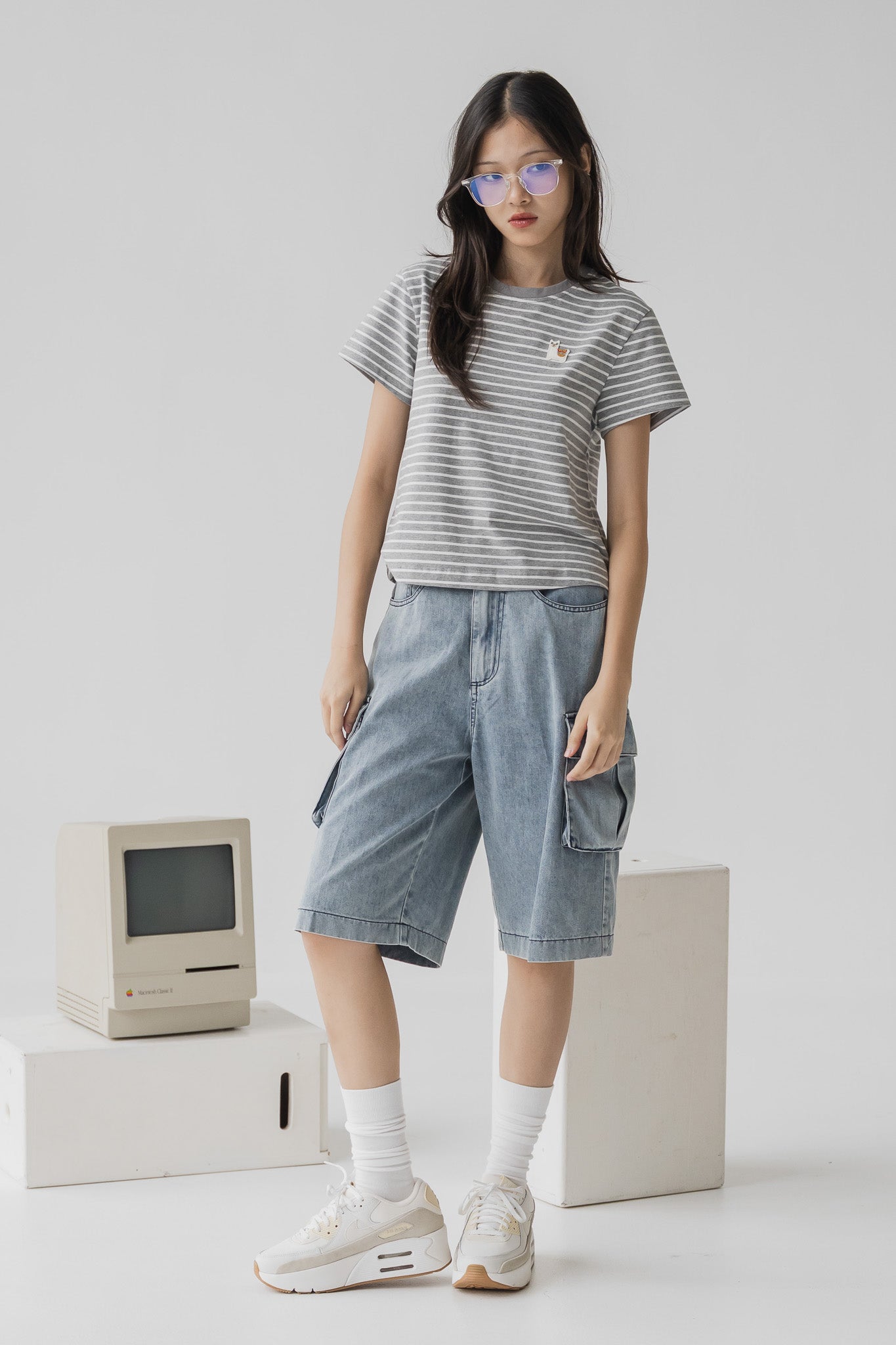 Cargo Denim Jorts in Light Wash