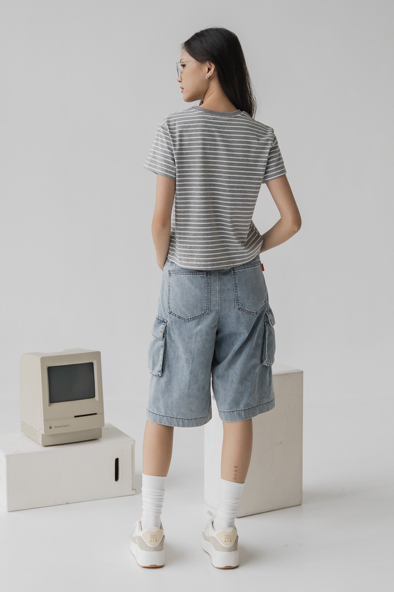 Cargo Denim Jorts in Light Wash