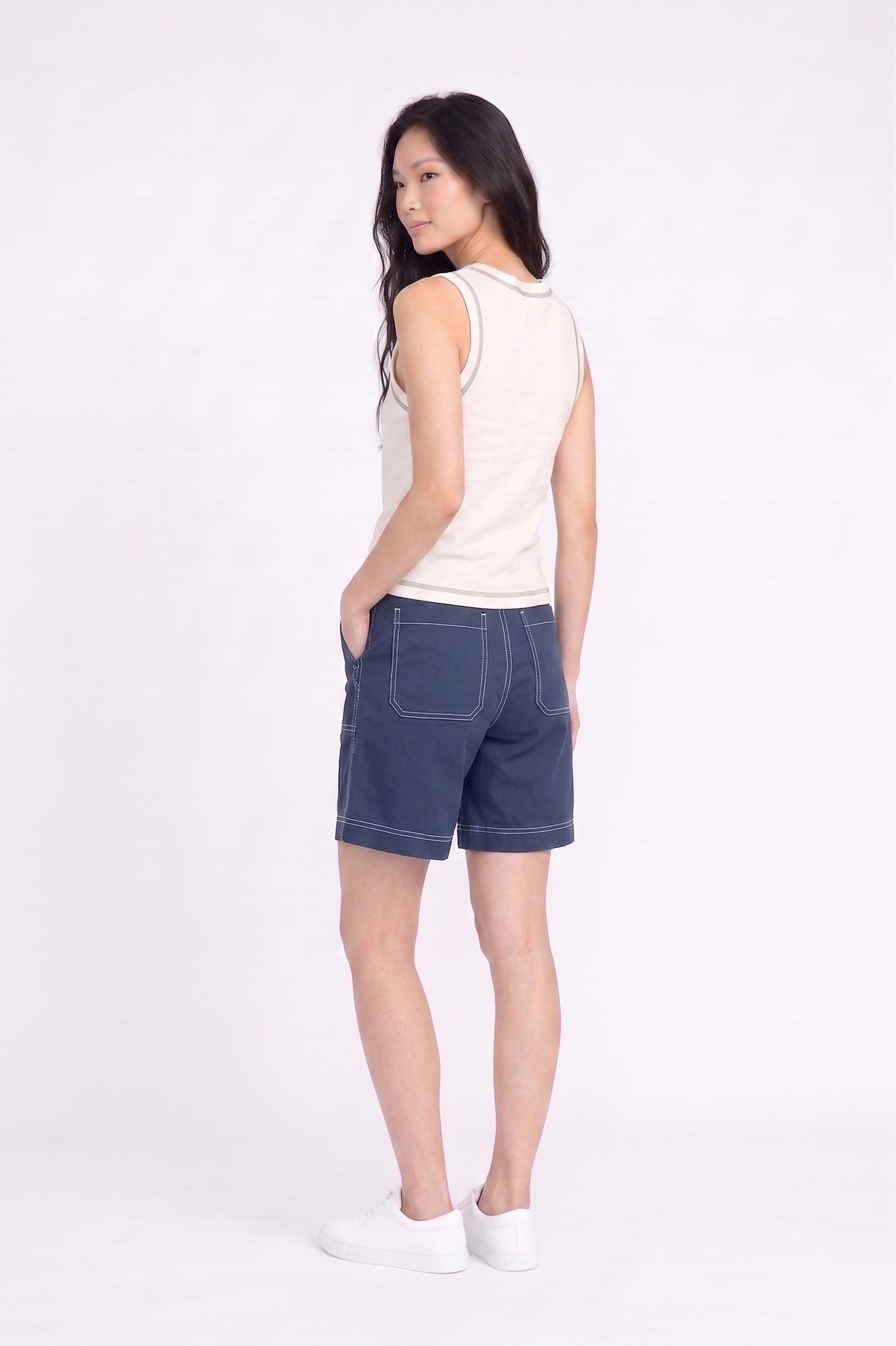 Contrast Stitch Tank Top in Cream+Green