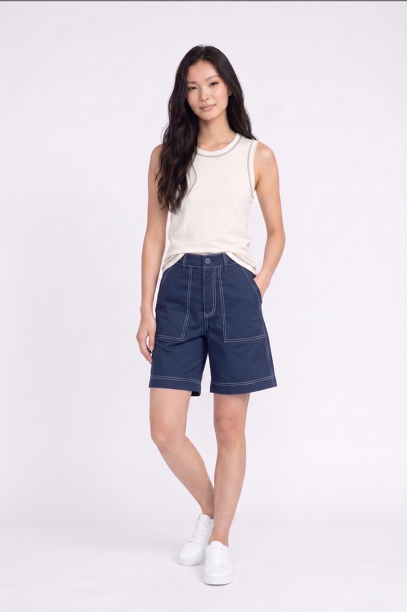 Contrast Stitch Tank Top in Cream+Green
