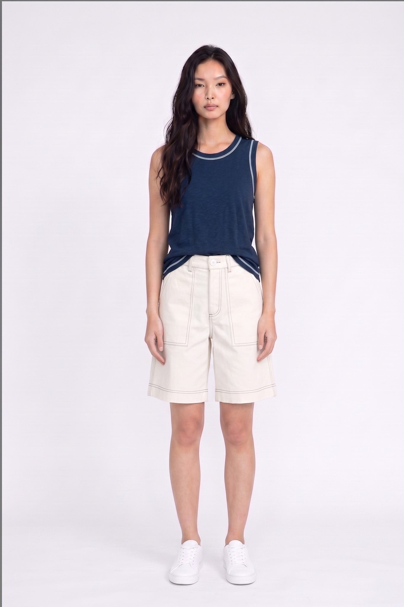 Contrast Stitch Tank Top in Navy+Cream