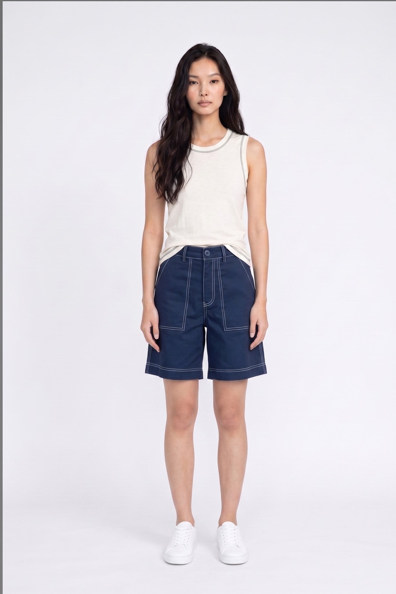 Contrast Stitch Tank Top in Cream+Green