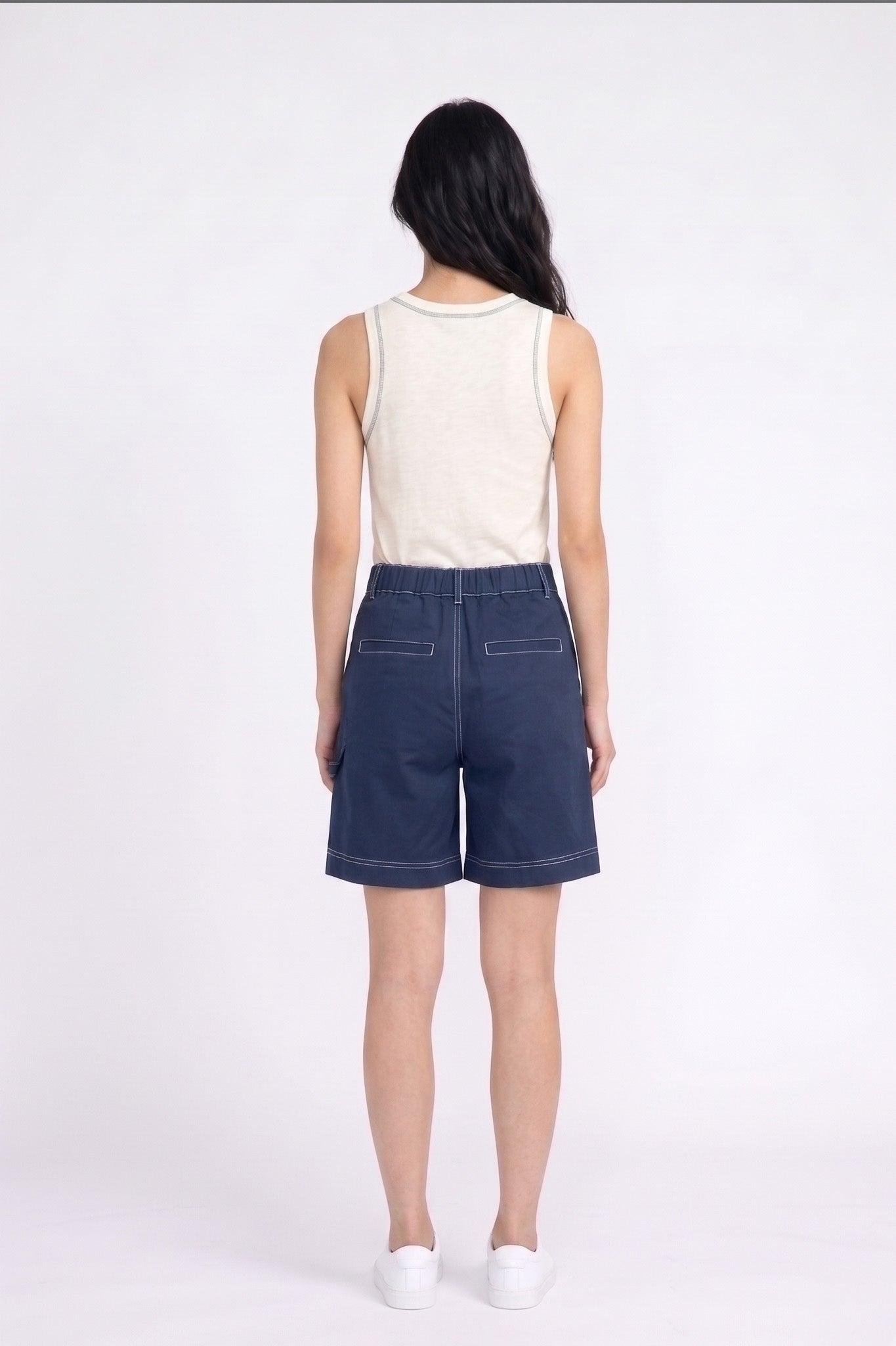 Contrast Stitch Tank Top in Cream+Green