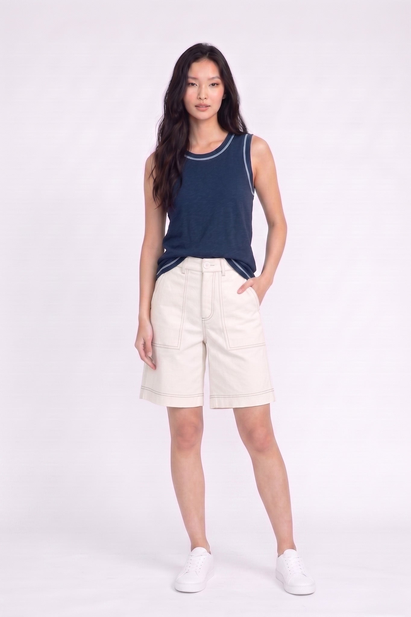 Contrast Stitch Tank Top in Navy+Cream