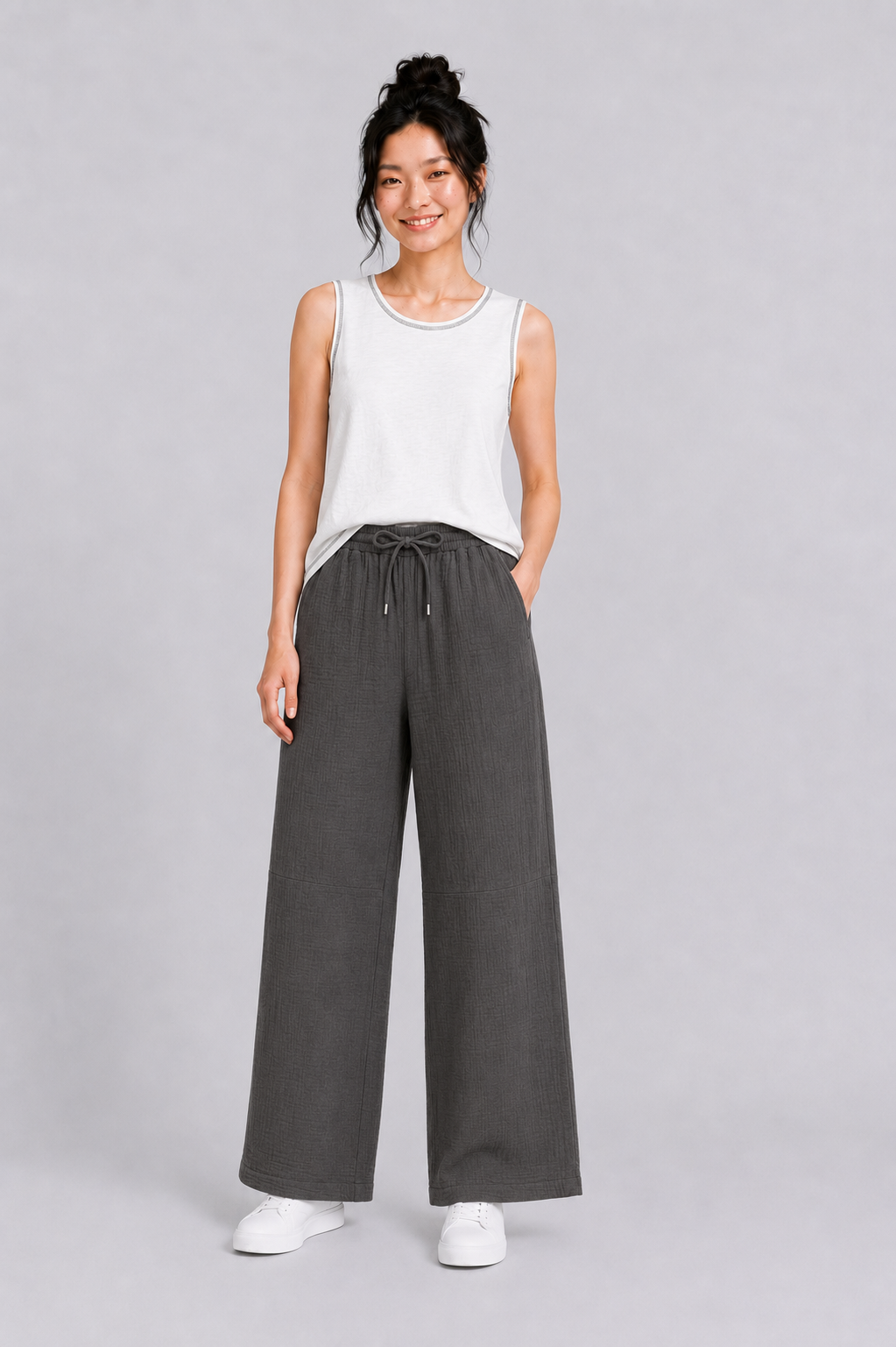 Wide Leg Muslin Long Pants in Army Green