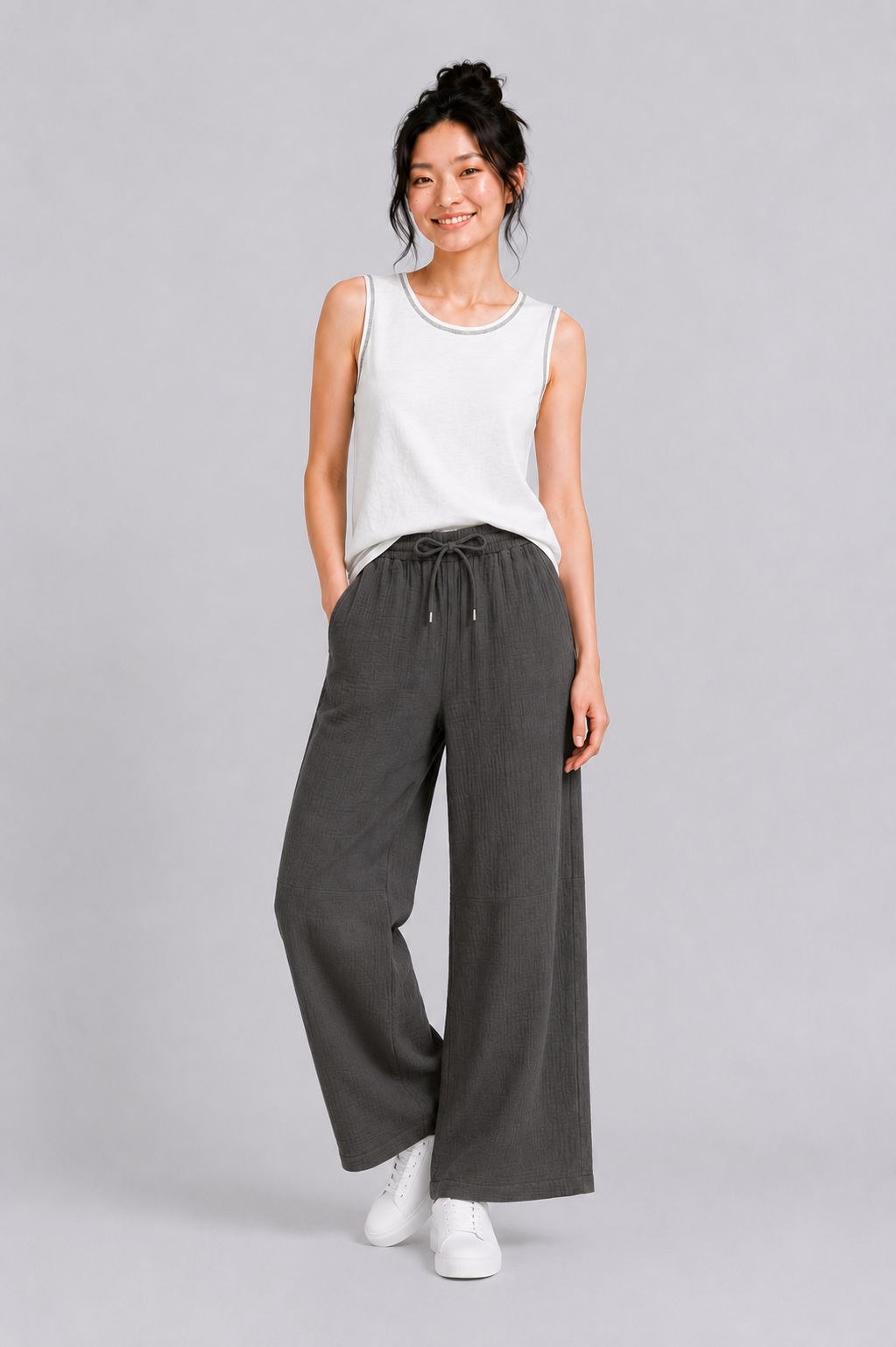 Wide Leg Muslin Long Pants in Army Green