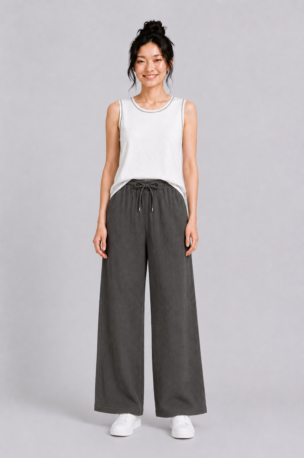 Wide Leg Muslin Long Pants in Army Green
