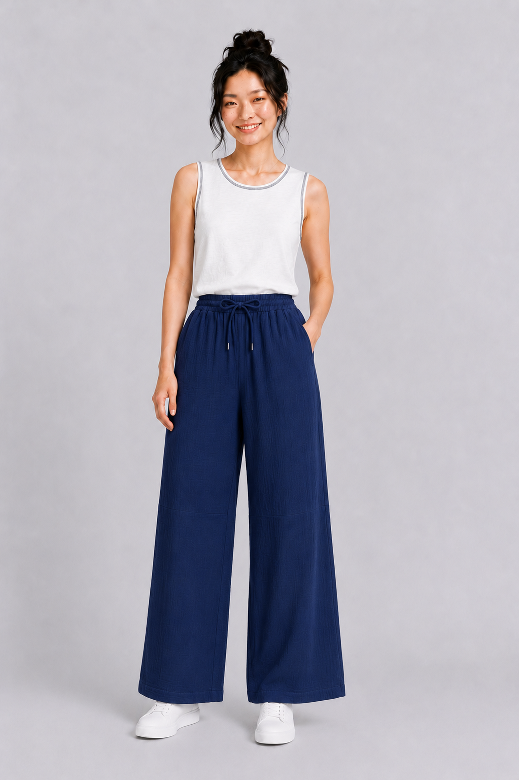 Wide Leg Muslin Long Pants in Navy