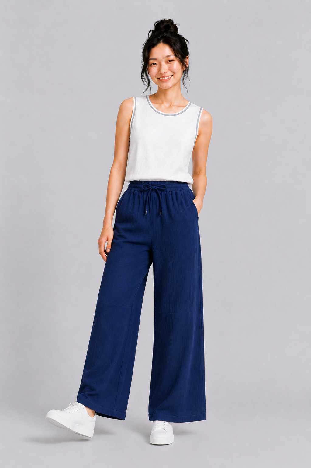 Wide Leg Muslin Long Pants in Navy