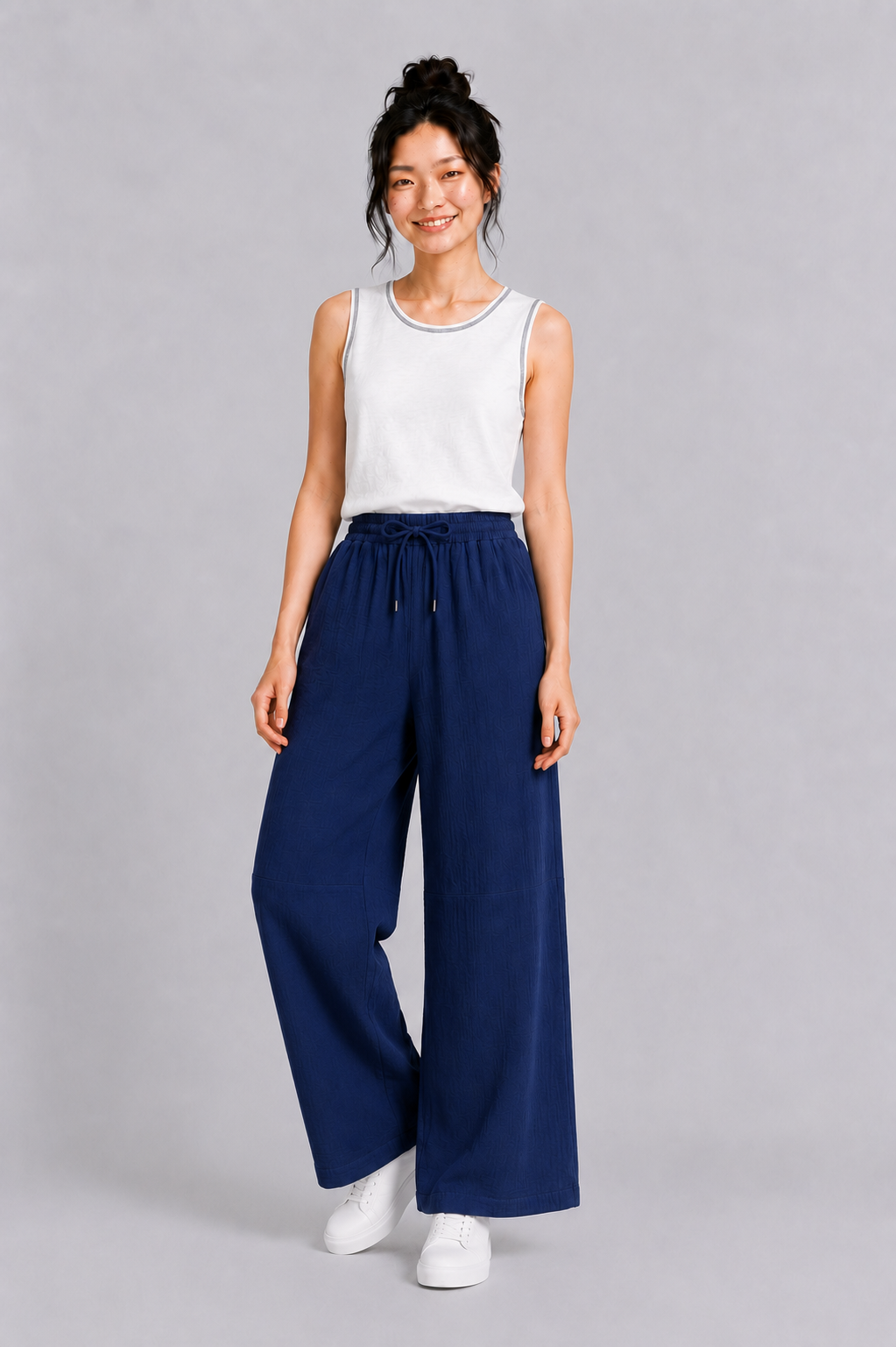 Wide Leg Muslin Long Pants in Navy