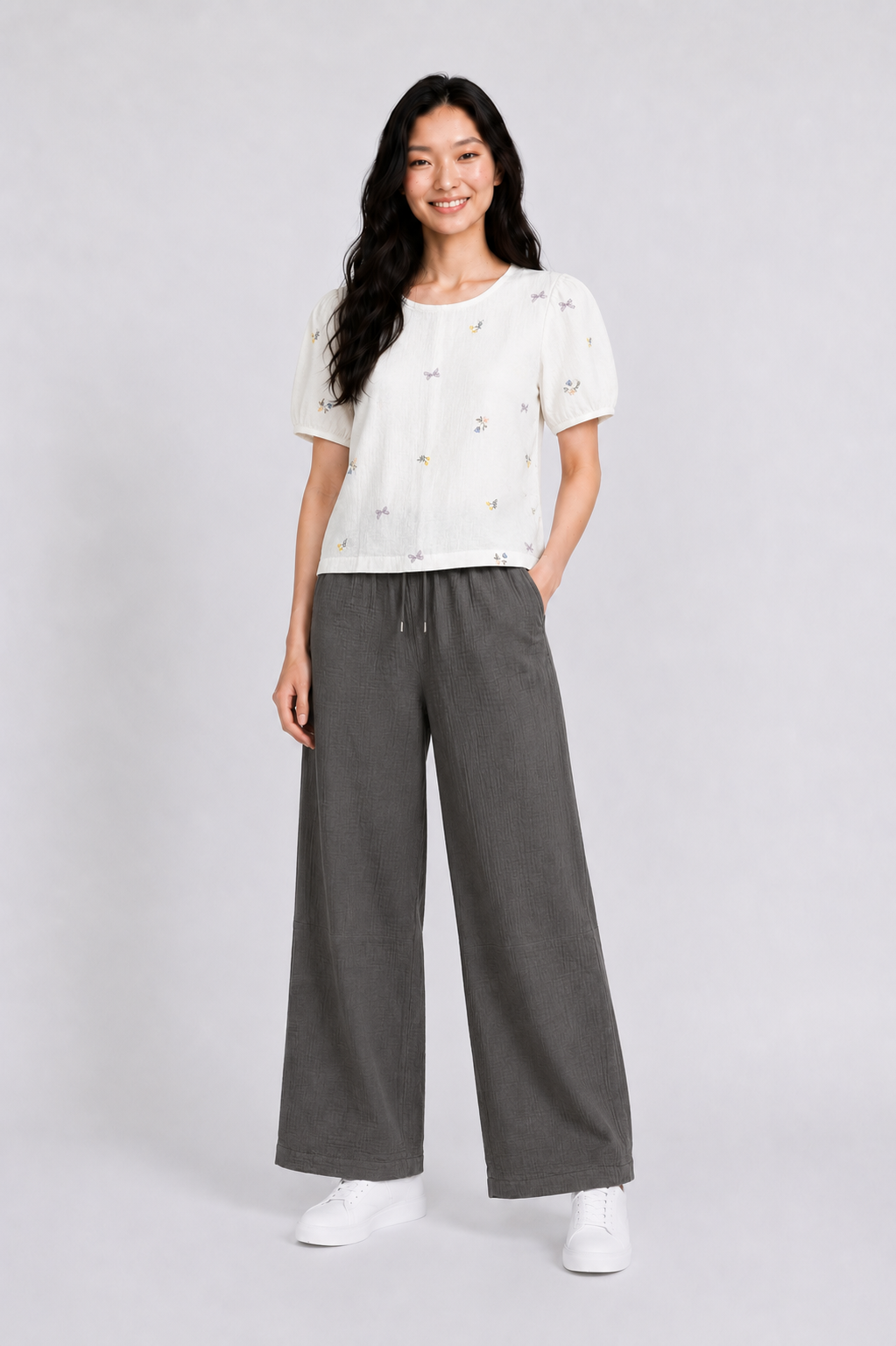 Embroidery Muslin Short Slv Blouse in White