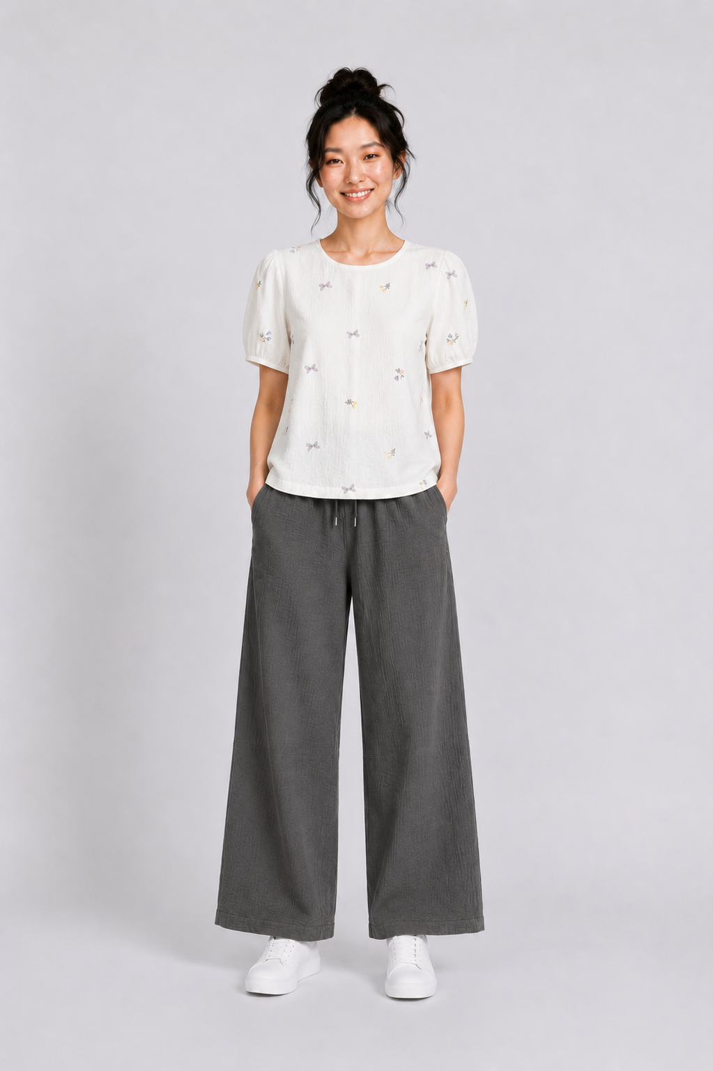 Embroidery Muslin Short Slv Blouse in White