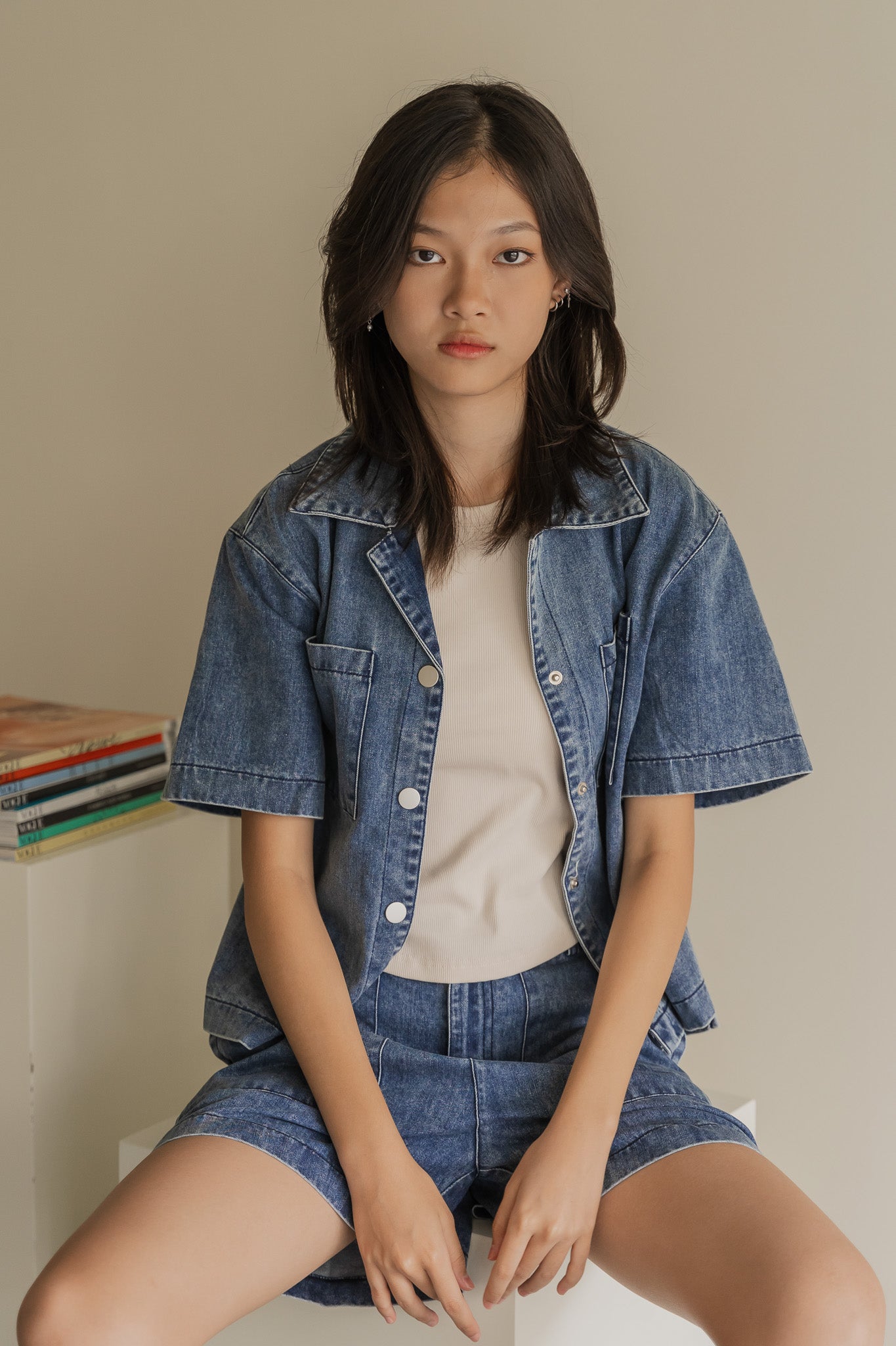 Oversized Denim Camp Collar Top in Mid Wash