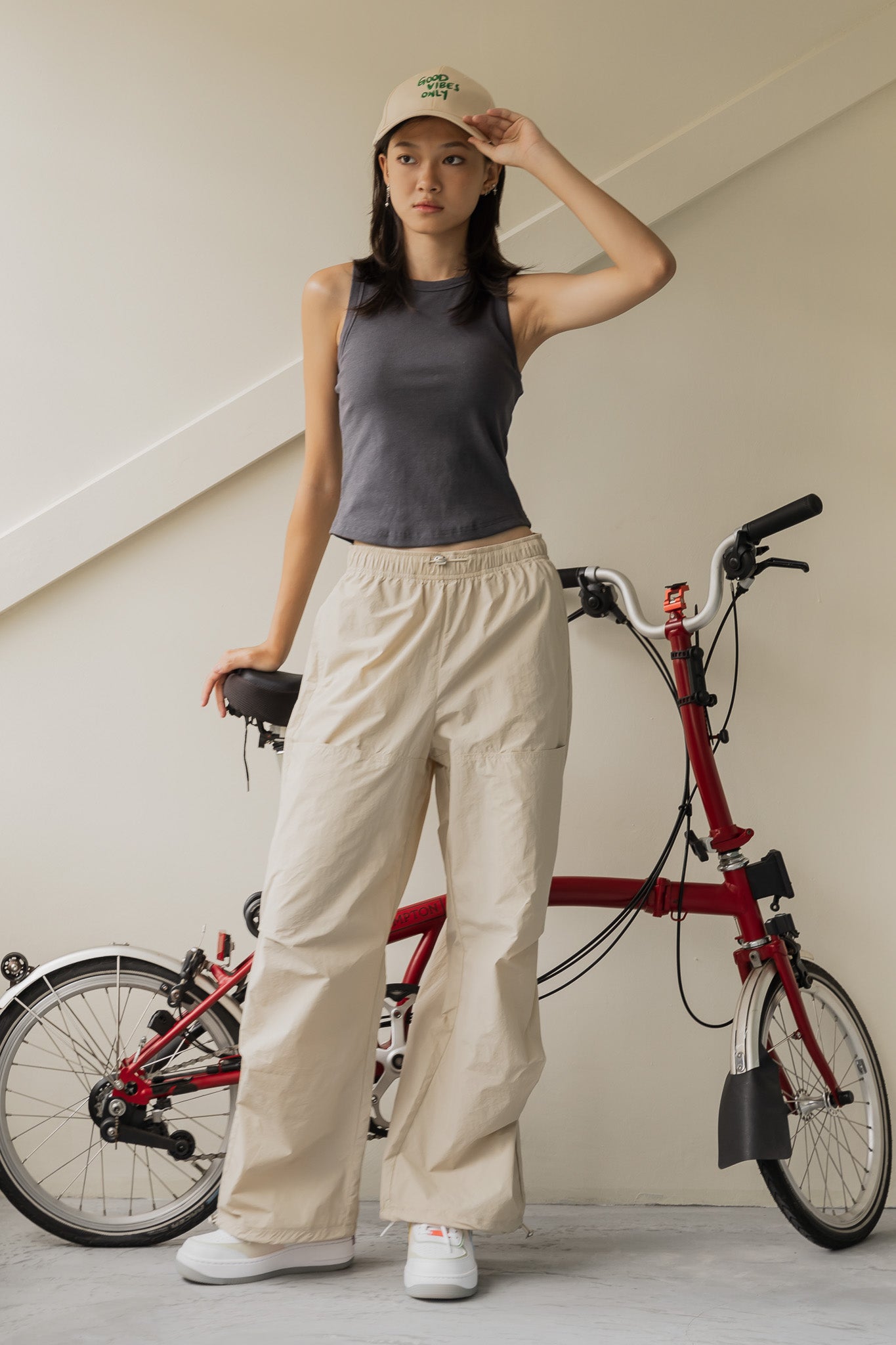 Pleat Detail Nylon Pants in Cream