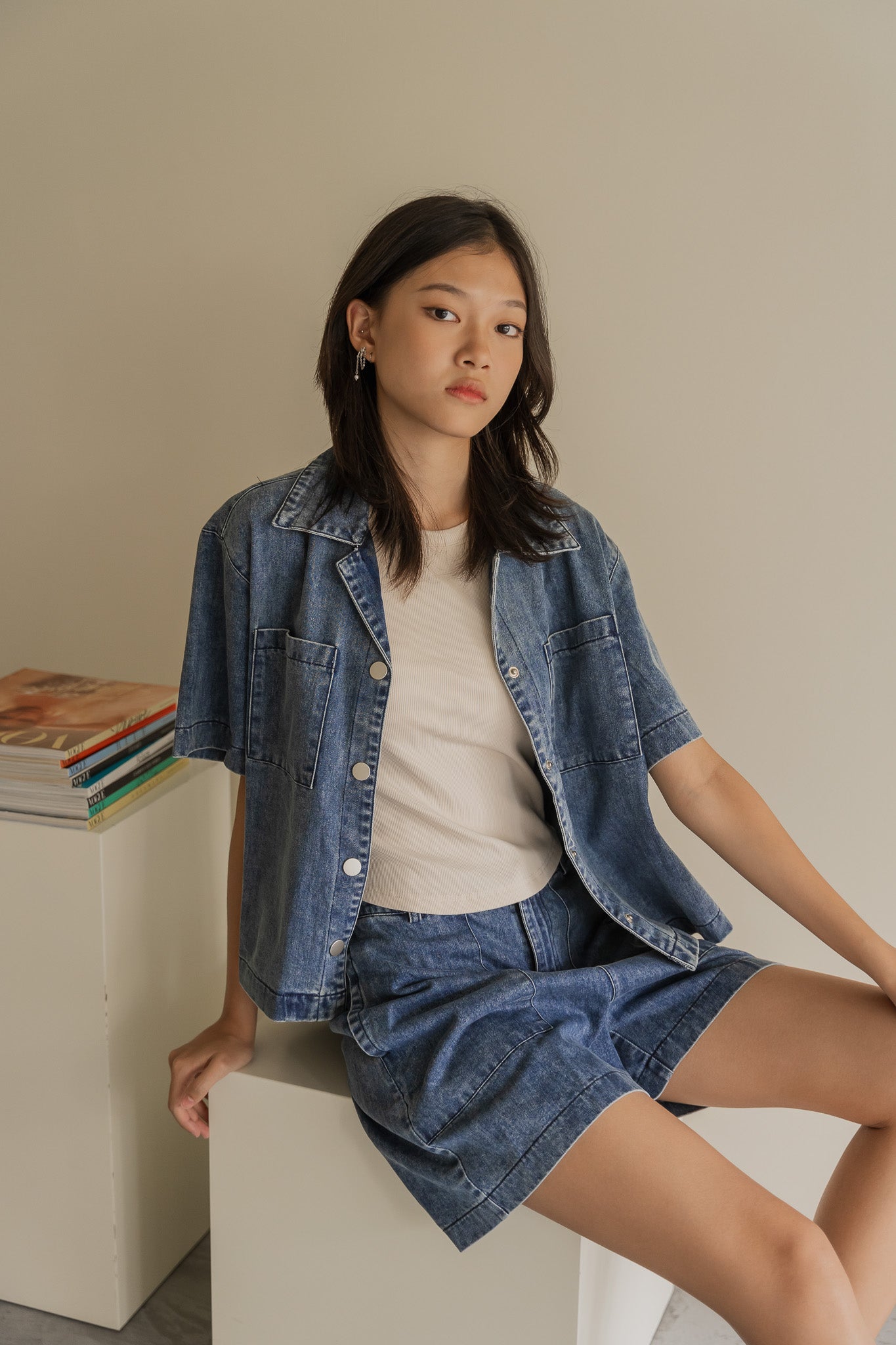 Oversized Denim Camp Collar Top in Mid Wash