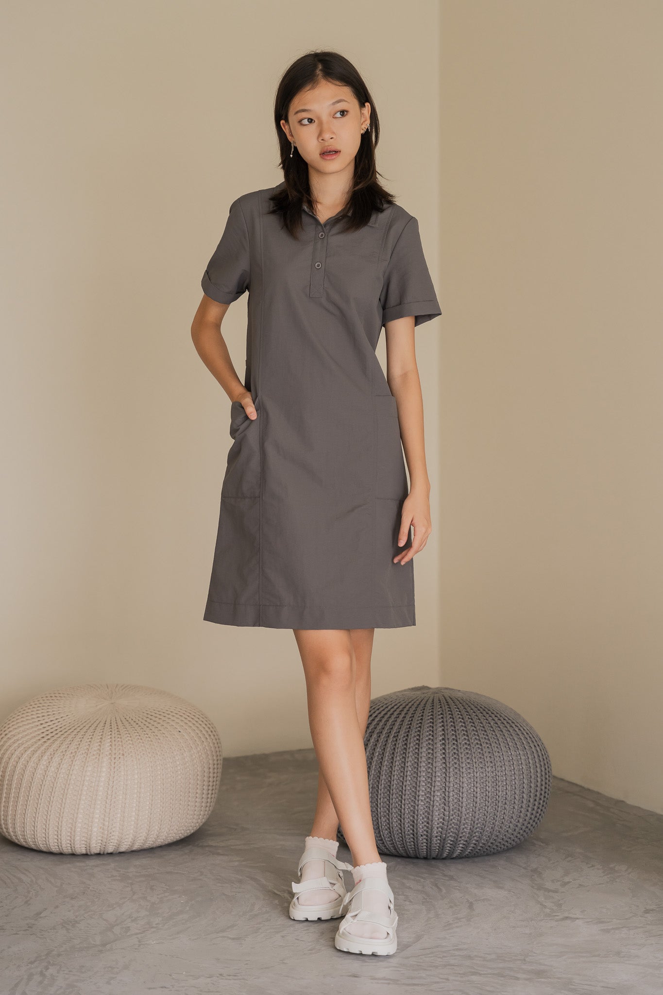 Nylon Shirt Shift Dress in Ash